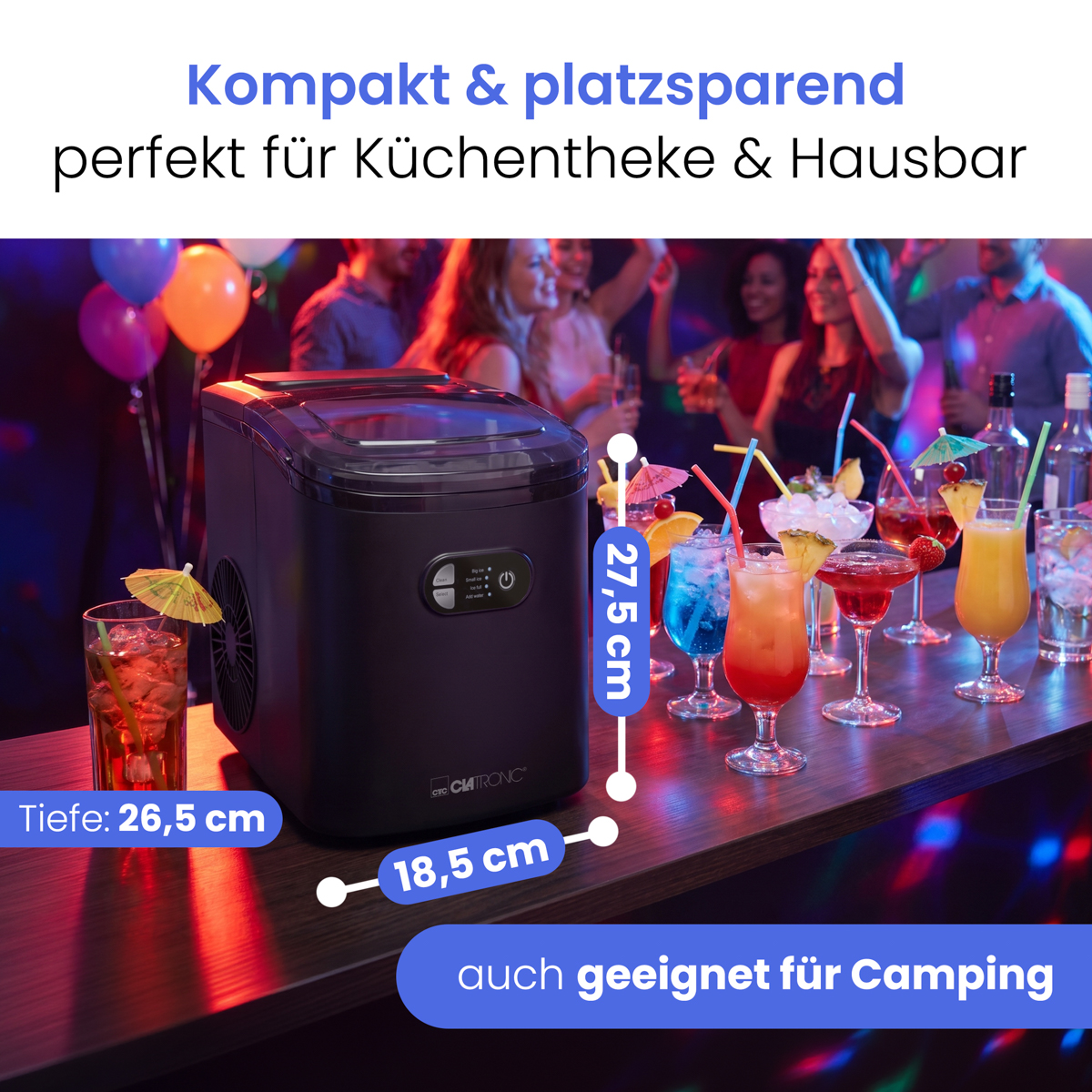 Eine schwarze Eismaschine auf einer Theke, umgeben von bunten Cocktails und Partygästen.