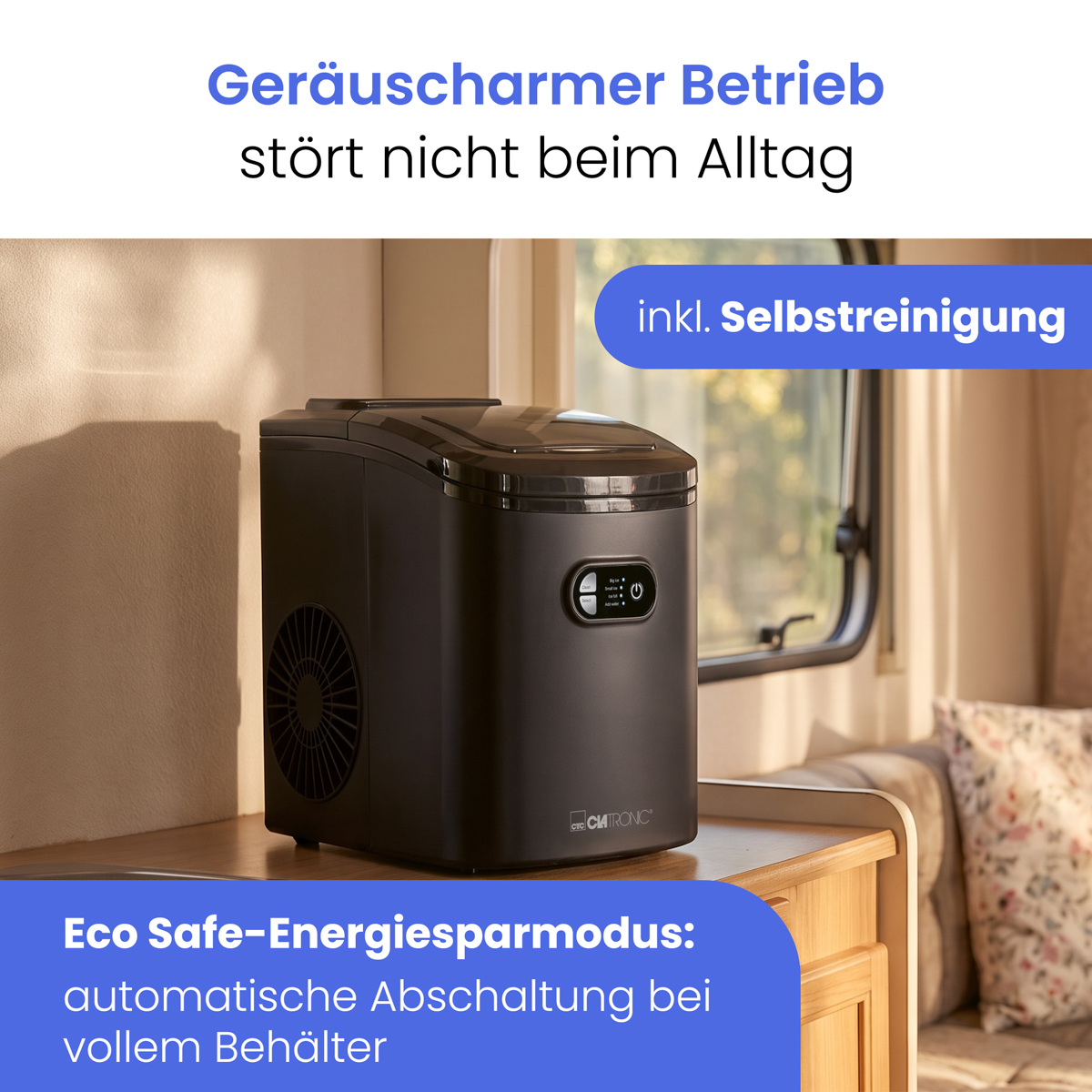 Ein schwarzer Eisbereiter auf einem Holzschrank in einem Wohnmobil mit Textoverlay.