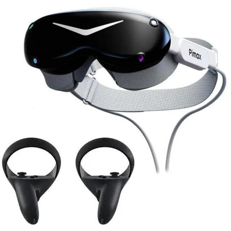 Casco de realidad virtual negro con correa blanca y dos mandos negros con anillos.