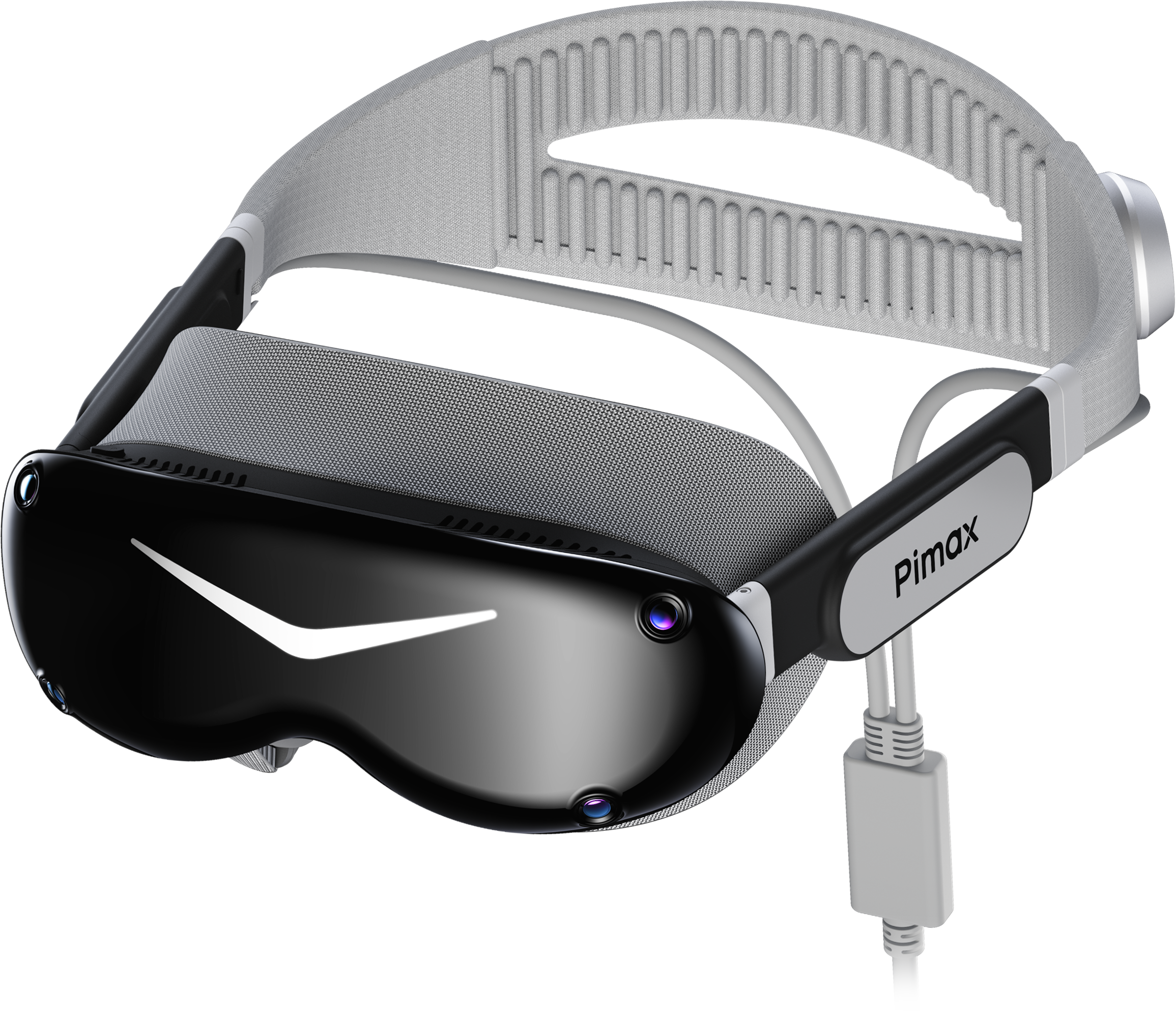 Un visor de realidad virtual Pimax en blanco y negro con correa ajustable gris y cable conectado sobre fondo negro.
