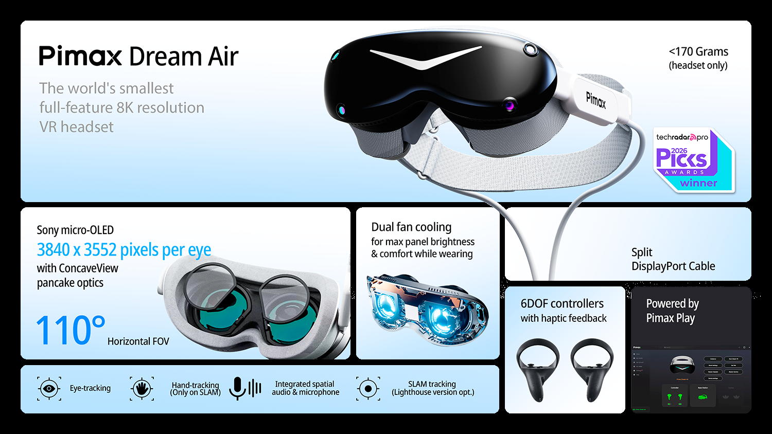 Casco de realidad virtual Pimax Dream Air con especificaciones como resolución 8K y refrigeración por doble ventilador.