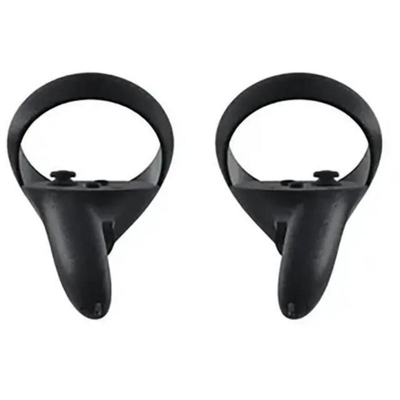Dos controladores de realidad virtual negros con anillos de seguimiento y joysticks sobre fondo blanco.