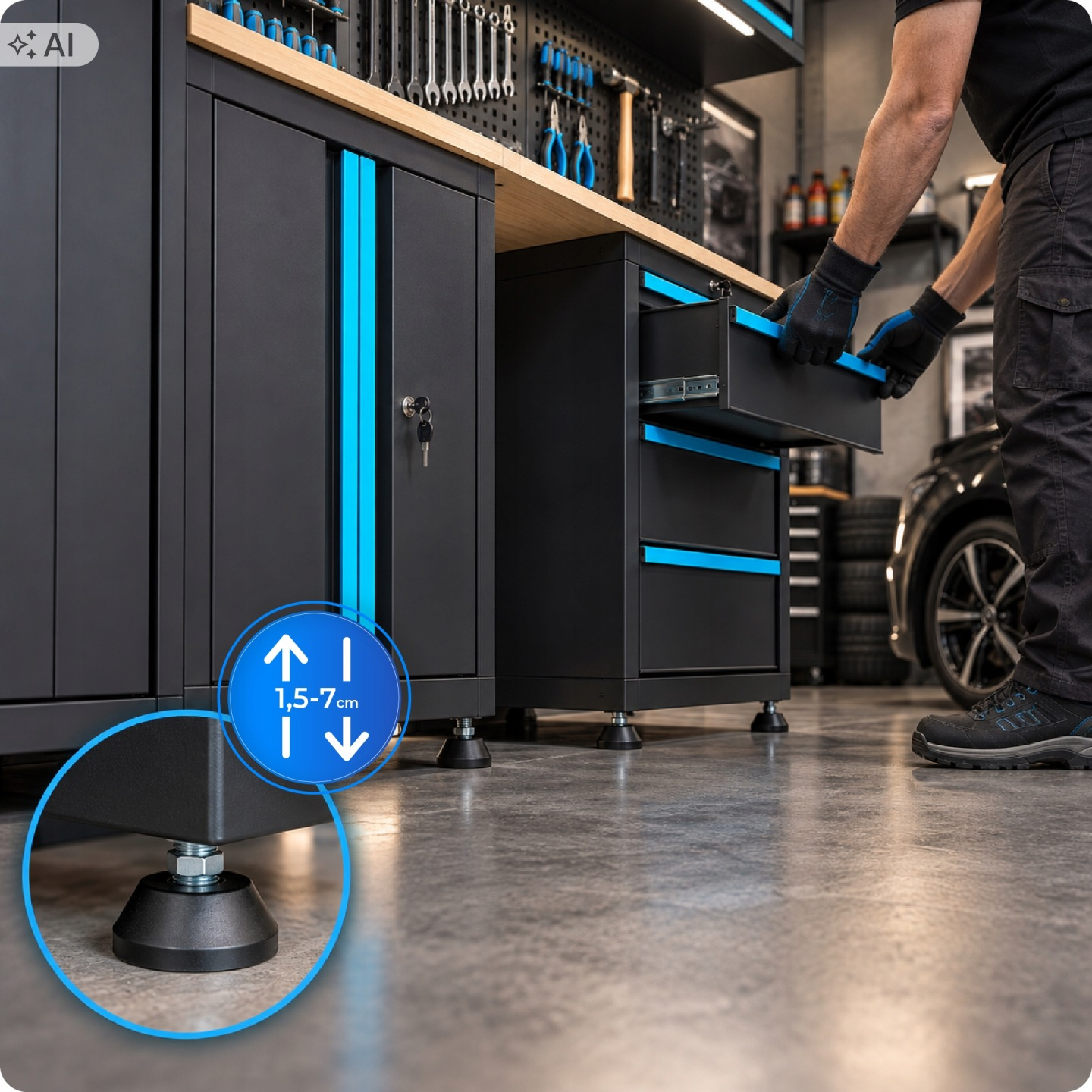 Eine Person öffnet in einer Werkstatt eine Schublade eines Werkstattschranks mit verstellbaren Füßen.