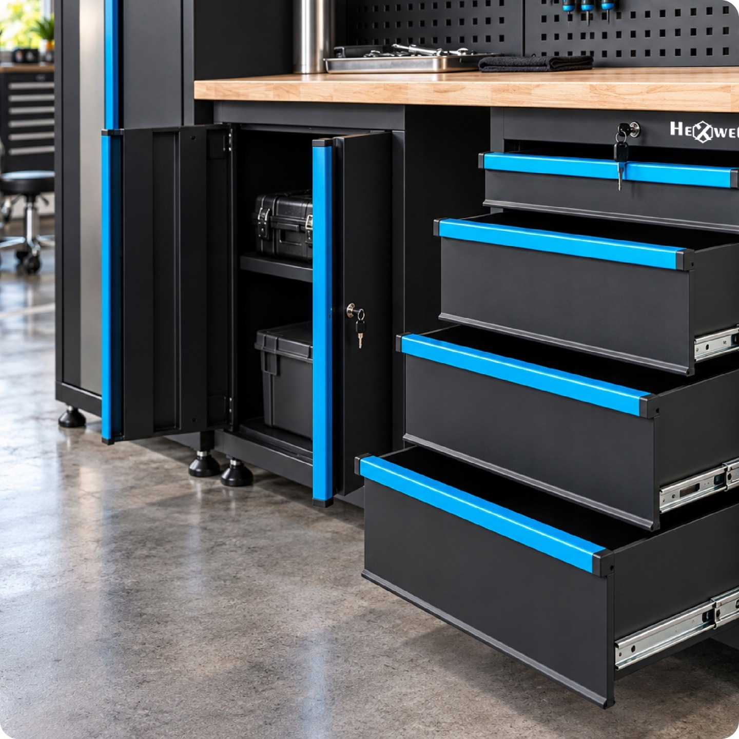 Schwarze Werkbank mit blauen Akzenten, offenen Schubladen und geöffnetem Schrank auf Betonboden.