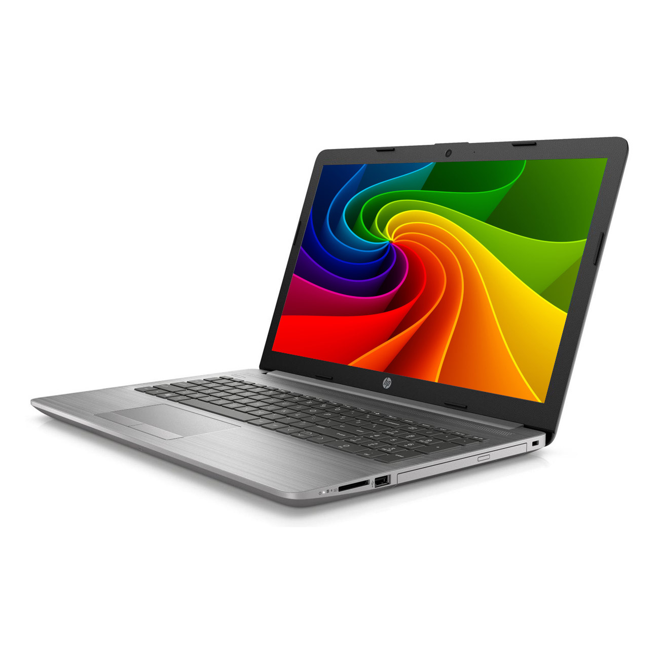 Ein silberner HP Laptop mit einem bunten abstrakten Wirbel-Hintergrundbild auf dem Bildschirm, auf weißem Hintergrund.