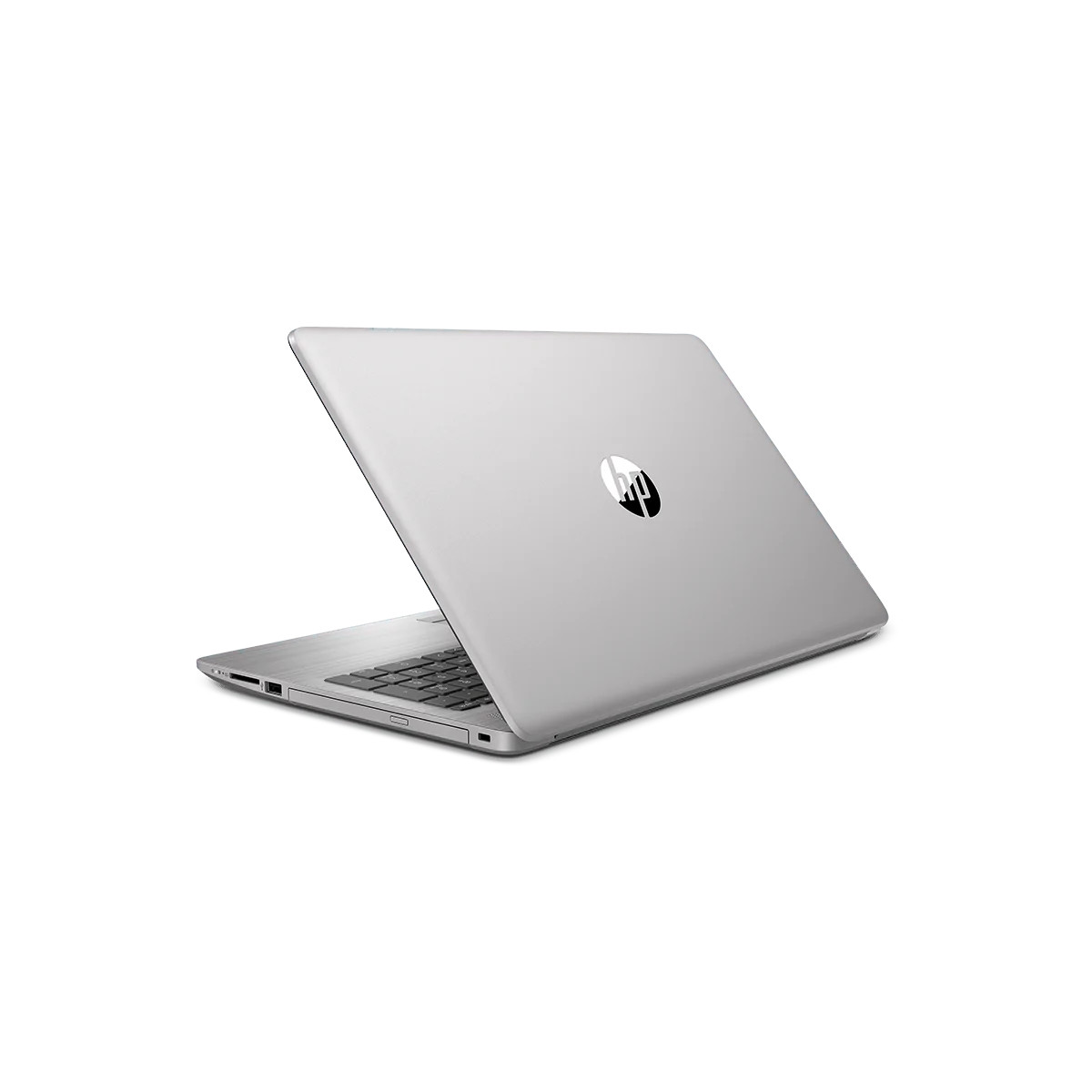 Ein silberner HP Laptop steht auf einer weißen Oberfläche, die Ansicht zeigt die geschlossene Rückseite mit Logo.