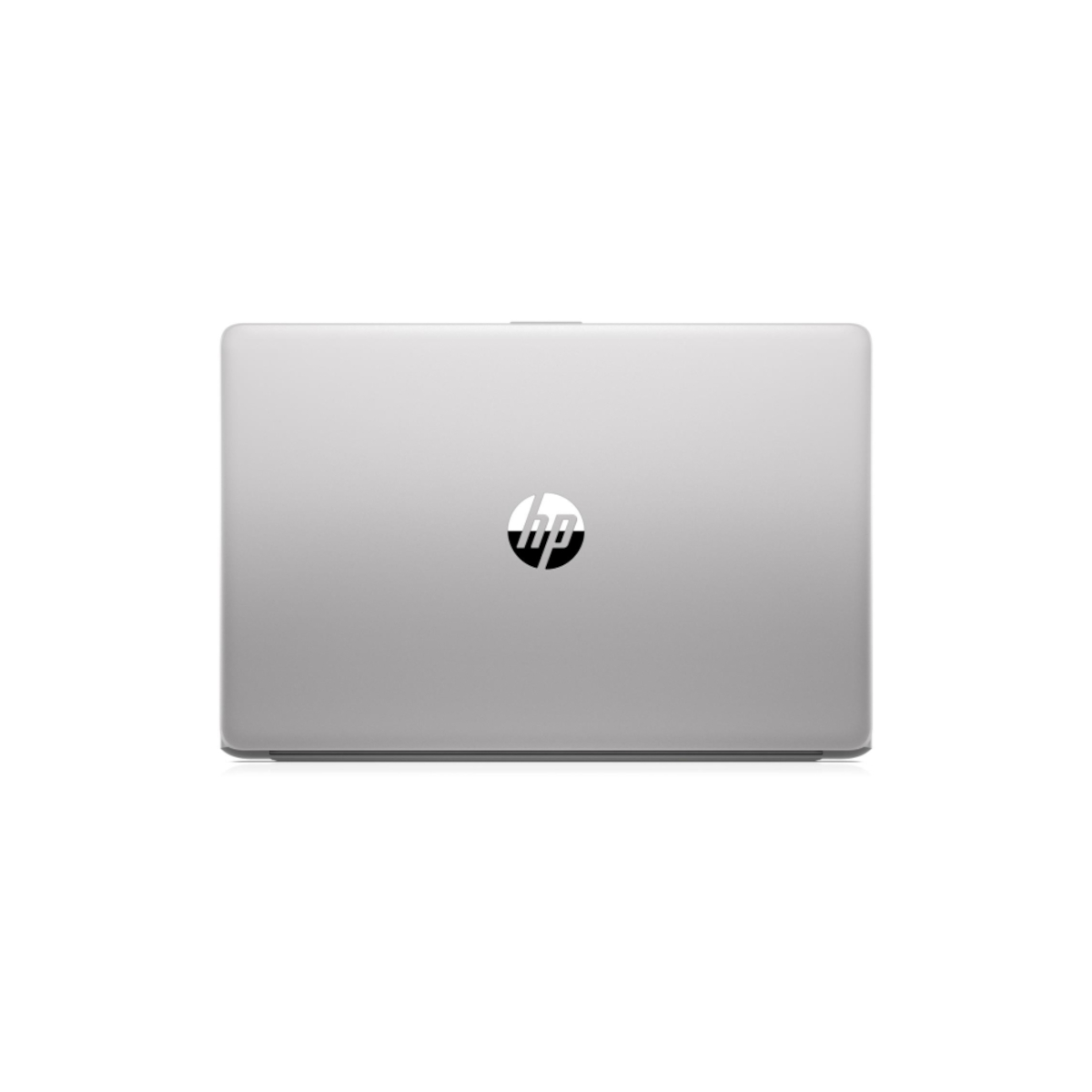 Geschlossener silberner HP Laptop von oben, mit metallenem Deckel und Logo auf weißem Hintergrund.