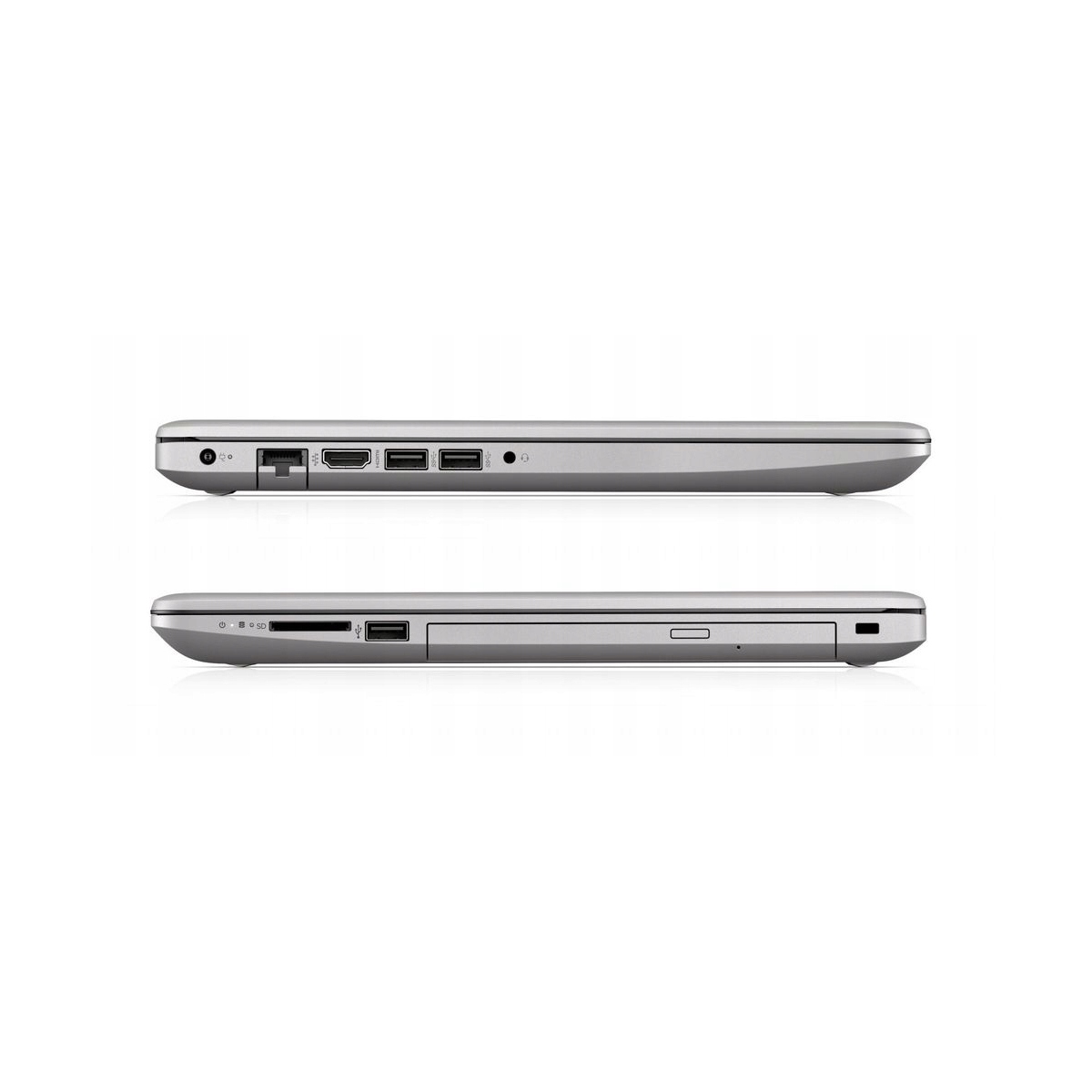 Seitenansichten eines silbernen Laptops mit verschiedenen Anschlüssen auf weißem Hintergrund.
