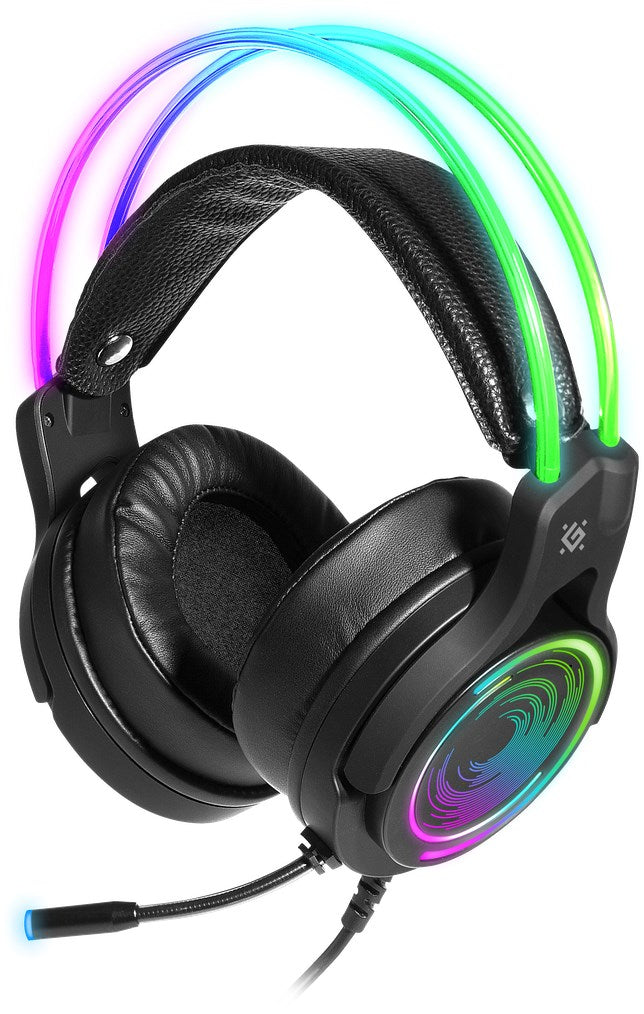 Cuffie da gioco nere con illuminazione RGB sull'archetto e sui padiglioni, insieme a un microfono attaccato.