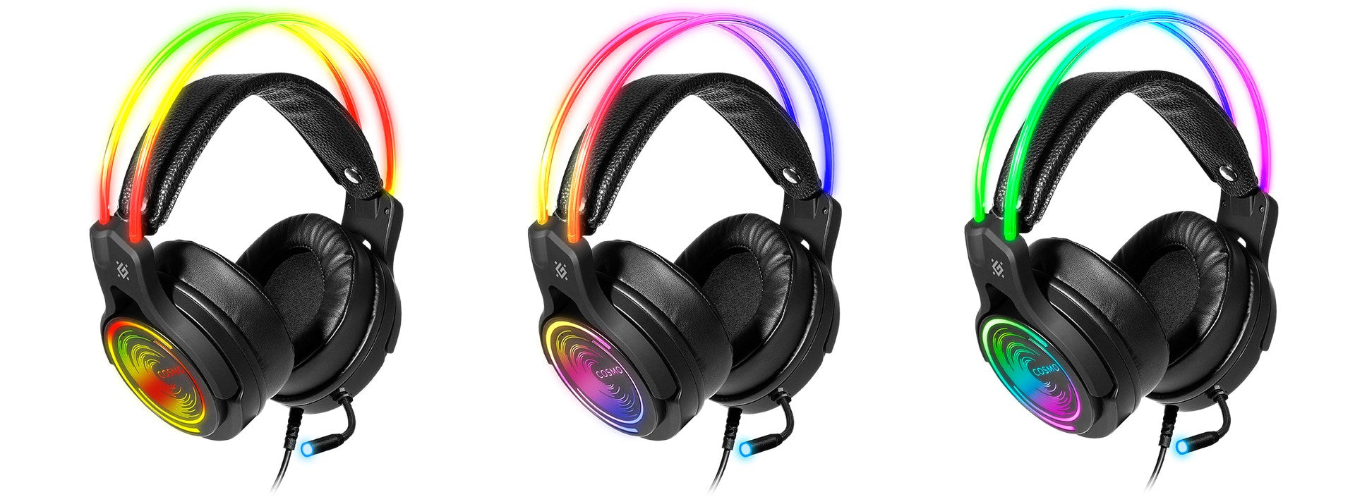 Tre cuffie da gaming nere con illuminazione RGB colorata su archetti e padiglioni su sfondo bianco.