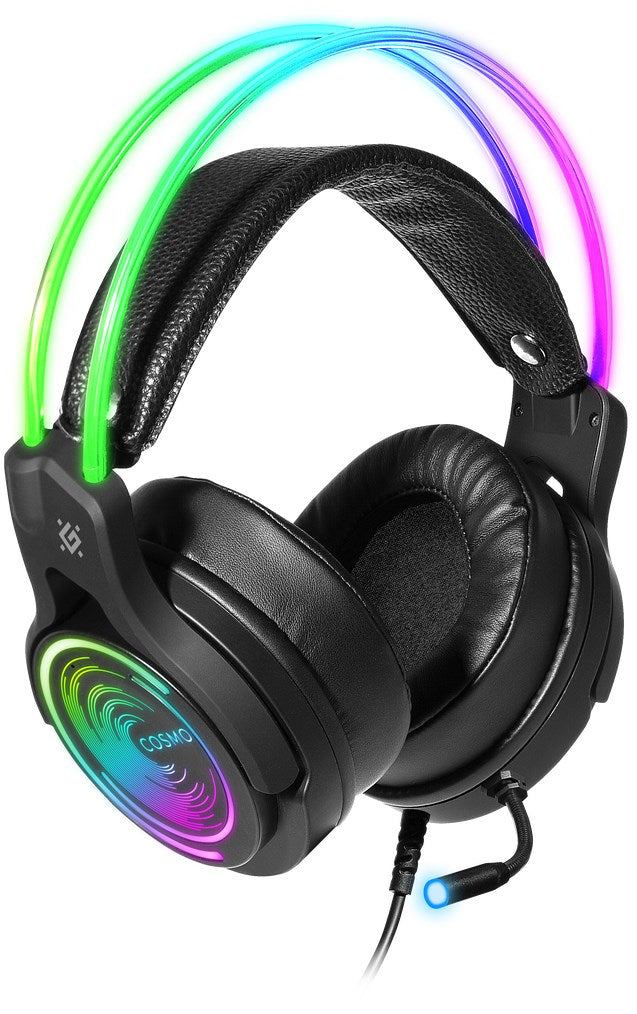 Cuffie da gioco nere con luci LED verdi e rosa, archetto imbottito, microfono e marchio COSMO.