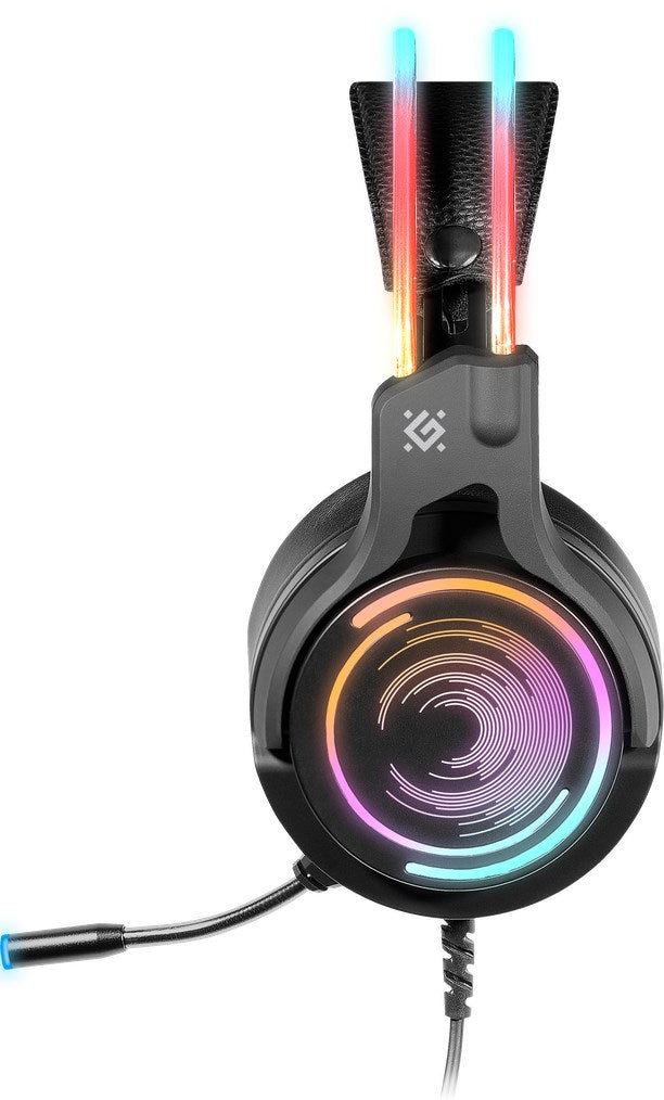 Cuffie da gioco nere con luci RGB luminose sui padiglioni e sull'archetto, dotate di microfono.