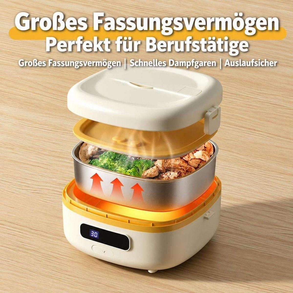 Eine elektrische Lunchbox mit Dampffunktion, digitalem Display und frisch zubereitetem Gemüse und Fleisch.