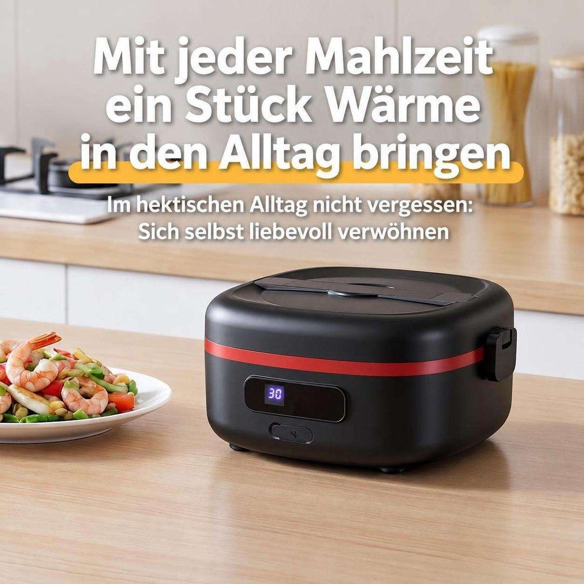 Schwarze elektrische Lunchbox mit digitalem Display auf einer Holztheke, daneben ein Teller mit Shrimps.