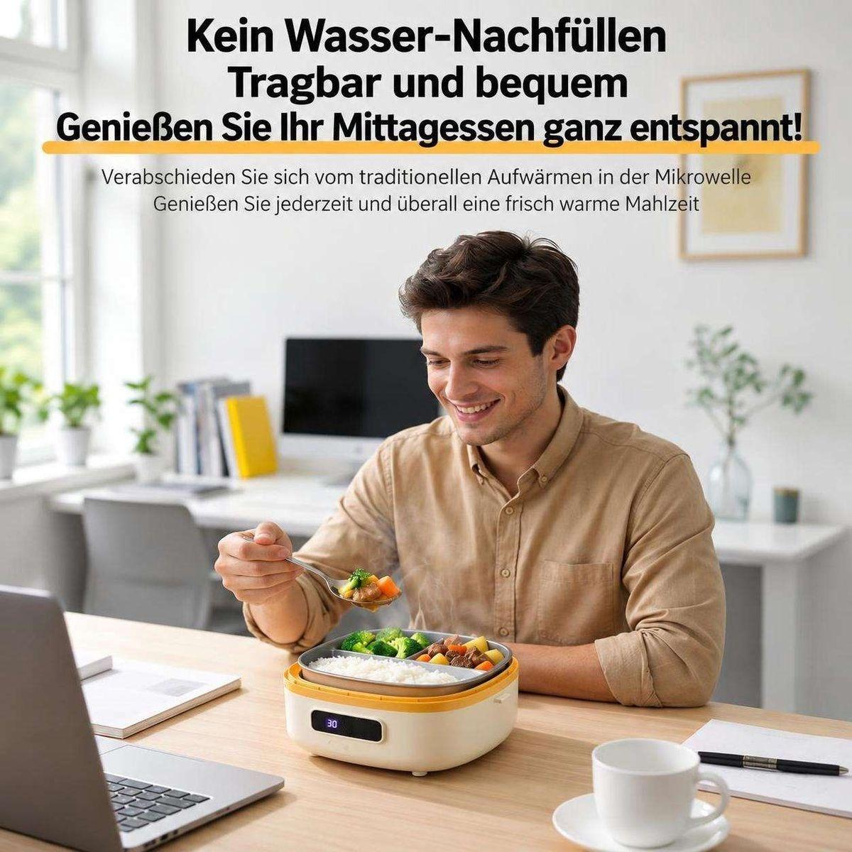Ein Mann sitzt an einem Holztisch in einem Büro und hält glücklich eine warme Mahlzeit aus einer elektrischen Lunchbox.