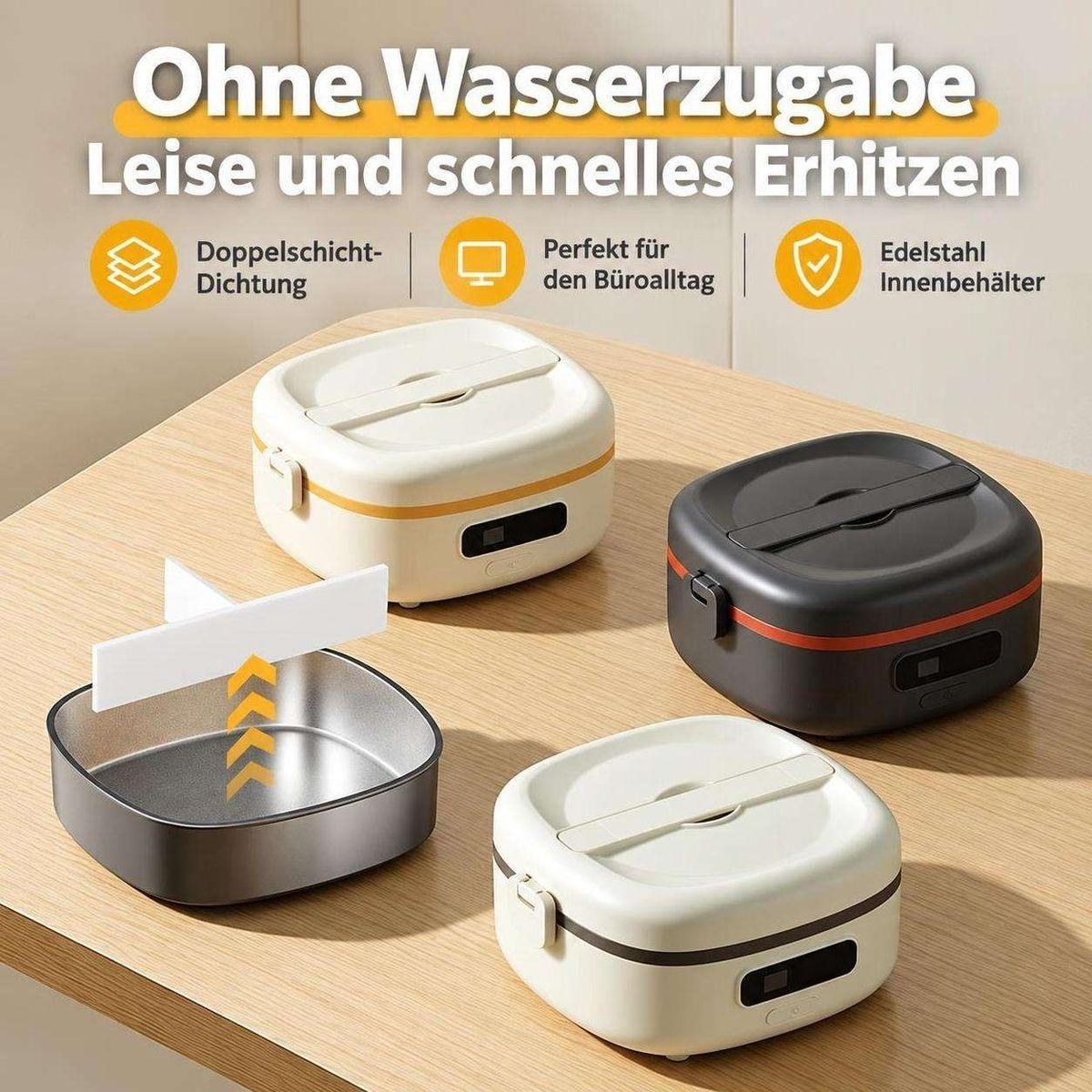 Drei elektrische Brotdosen mit Edelstahlbehälter stehen auf einem Holztisch.