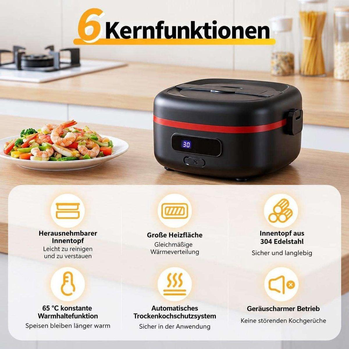 Schwarze elektrische Lunchbox auf Holztisch mit Teller voller Gemüse und Garnelen sowie 6 Funktionssymbolen unten.