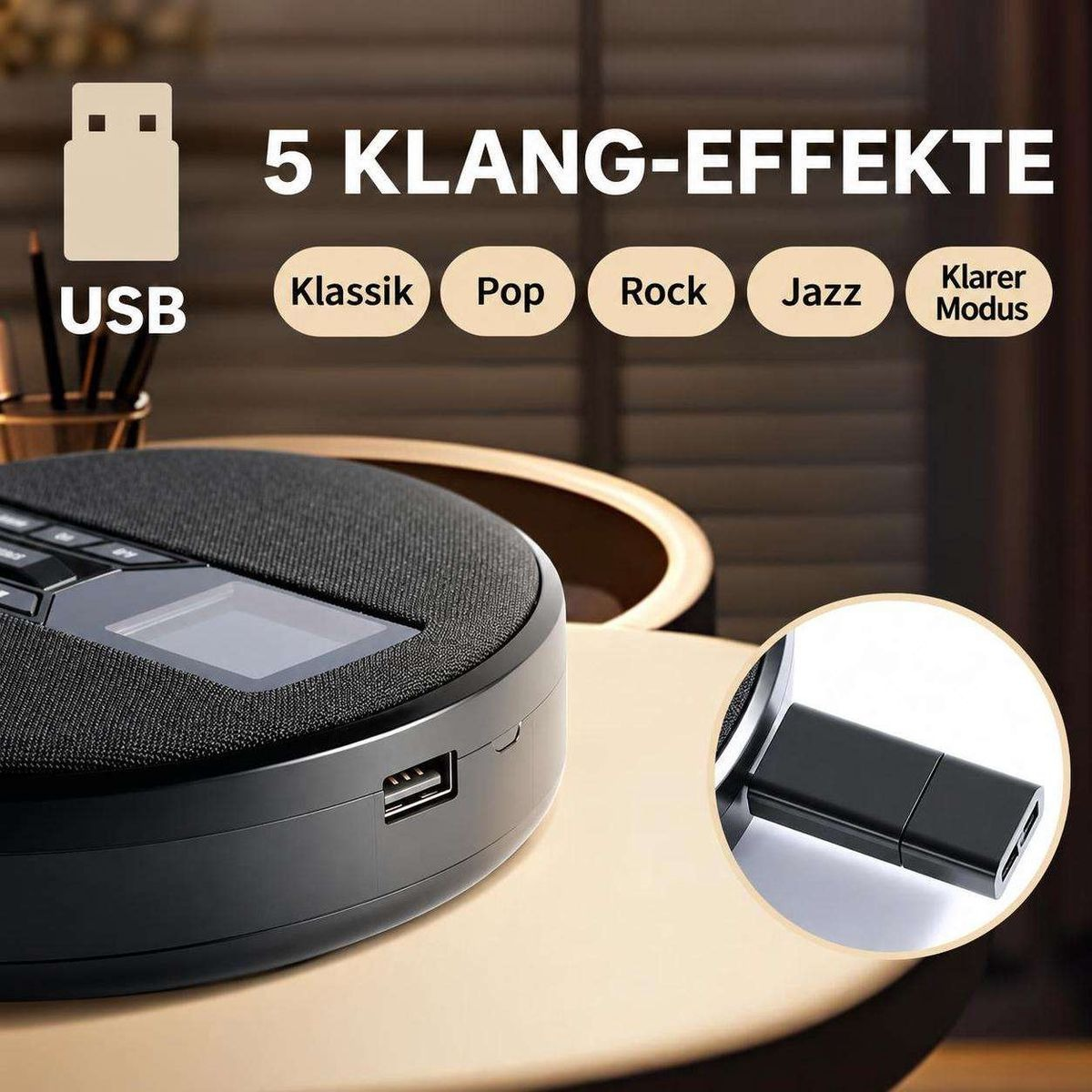 Ein schwarzer, runder Lautsprecher auf einem Holztisch zeigt USB-Anschluss und 5 Klangeffekte: Klassik, Pop, Rock, Jazz und Klarer Modus.