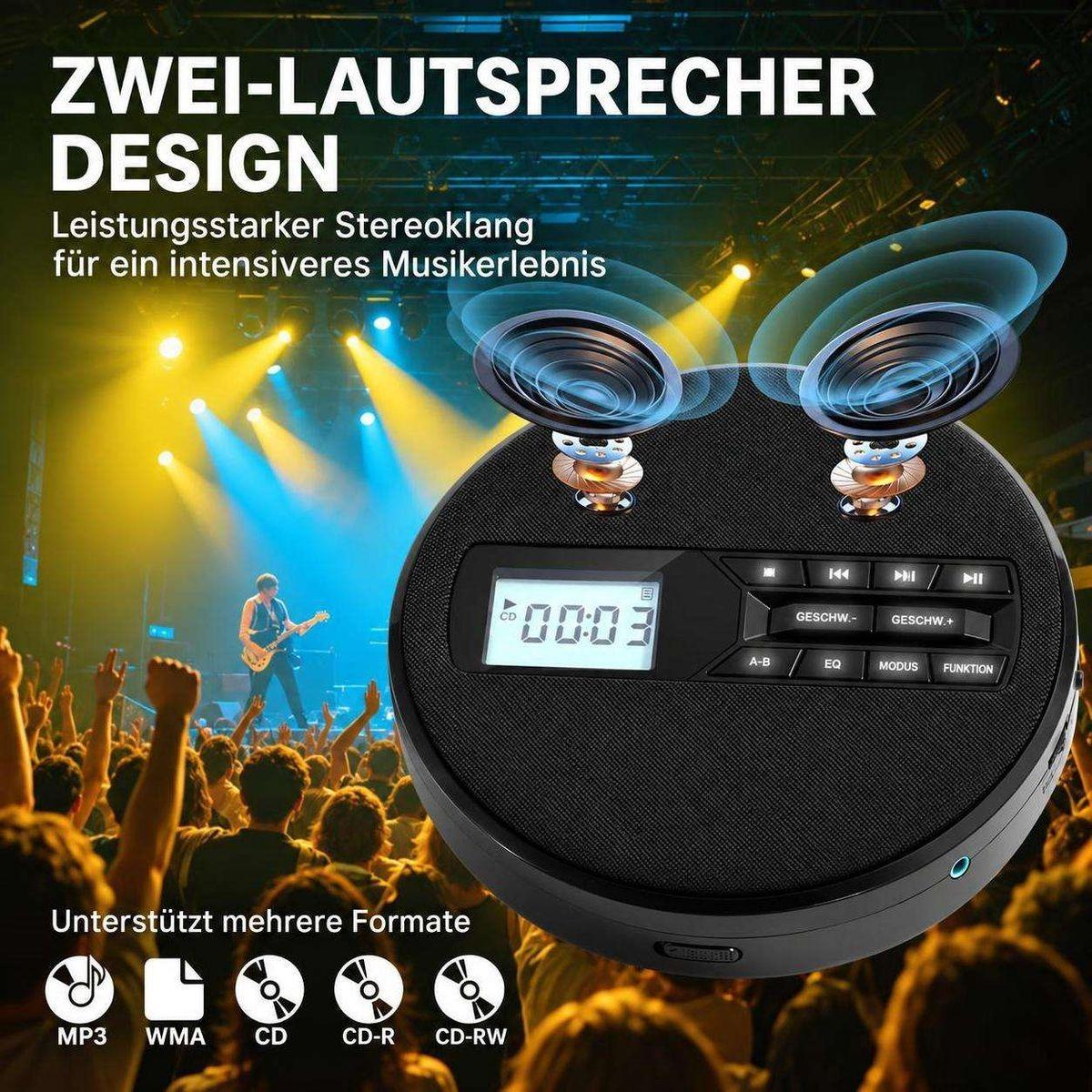 Ein schwarzer CD-Player mit zwei Lautsprechern und digitalem Display vor einer Konzertbühne mit Publikum.