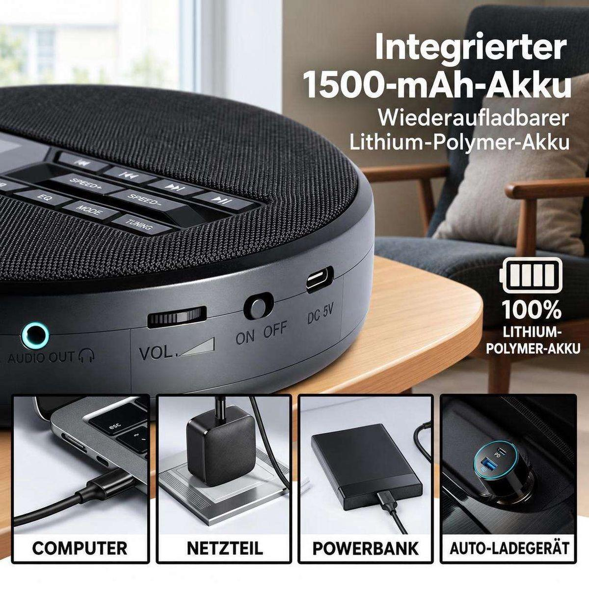 Schwarzes Radio mit Bedienelementen, Akku-Info und Ladeoptionen.