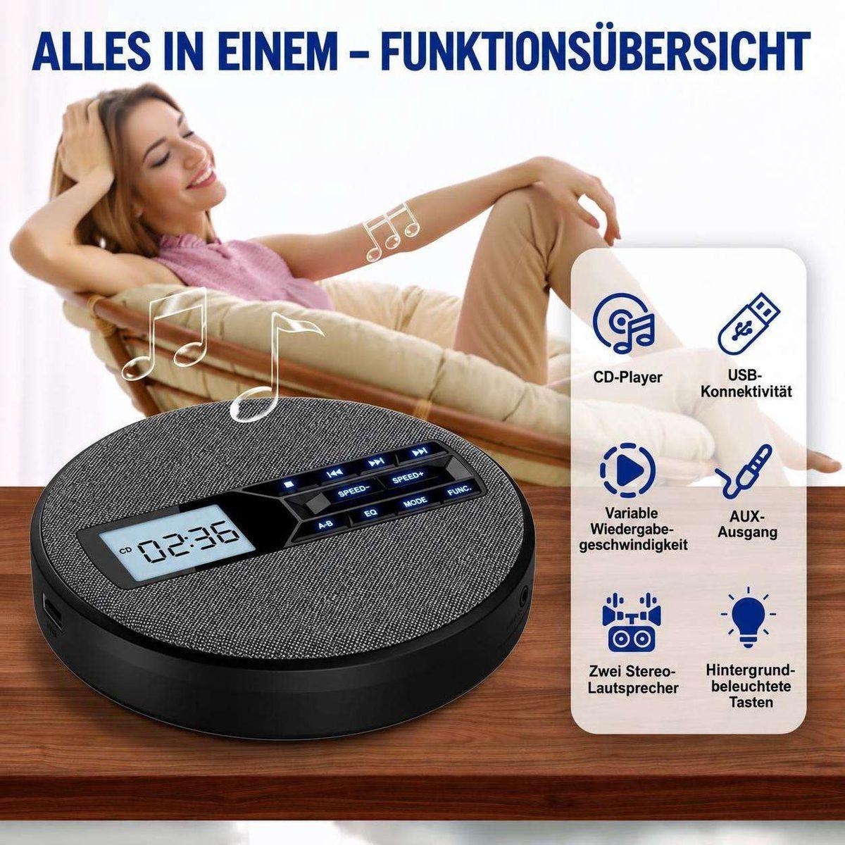 Eine Frau entspannt auf einem Sofa neben einem runden schwarzen CD-Player und einer Funktionsübersicht.