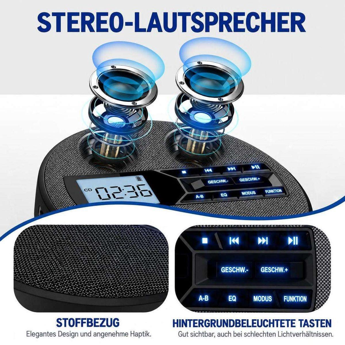 Stereolautsprecher mit Stoffbezug, digitaler Anzeige und beleuchteten Tasten.