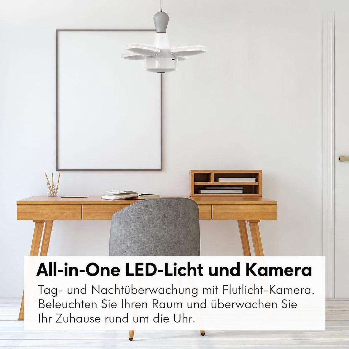 Ein Schreibtisch mit Stuhl in einem Raum, darüber hängt eine weiße LED-Lampe mit Kamera.