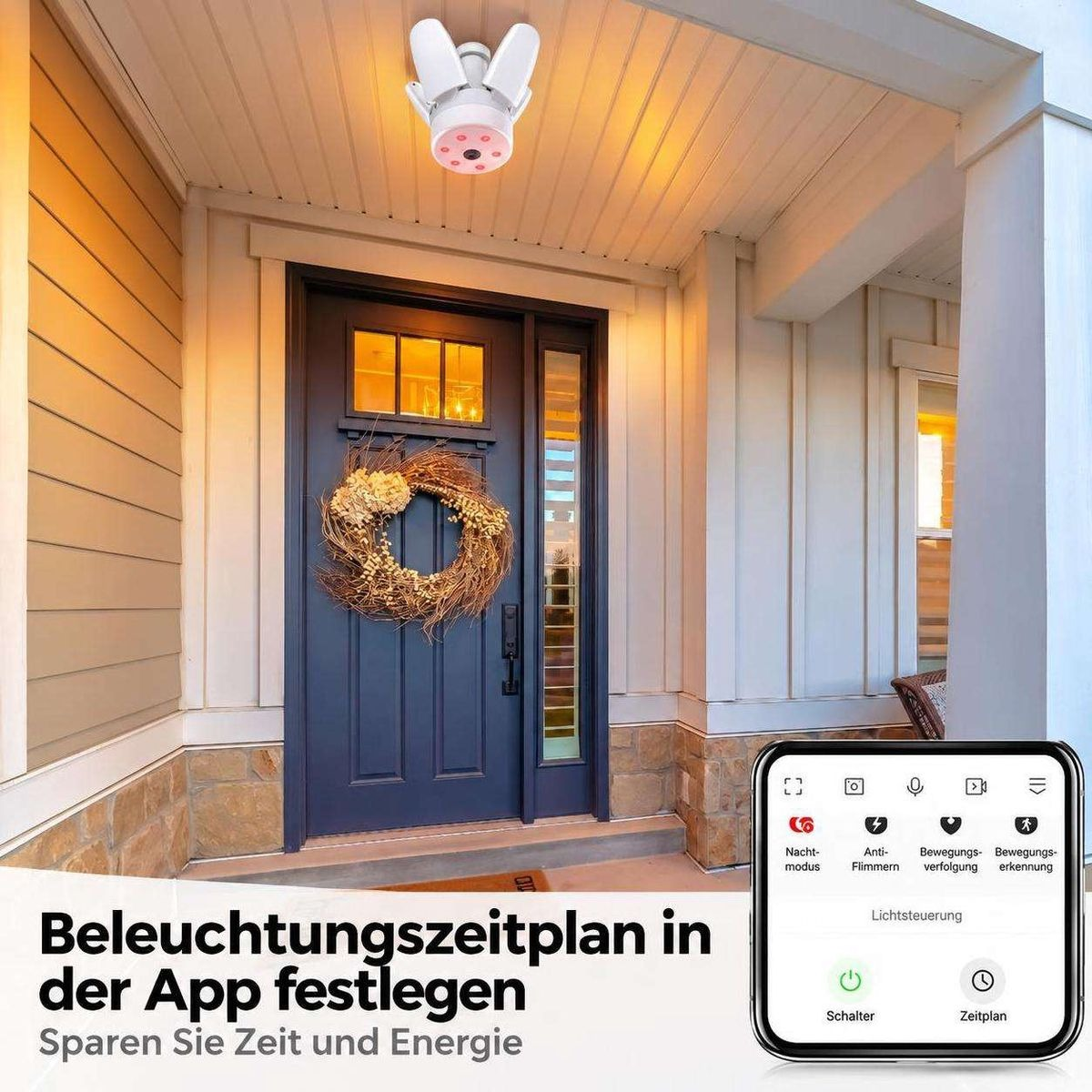 Wasserdichte Überwachungskamera mit Licht über einer blaugrauen Haustür mit Kranz.