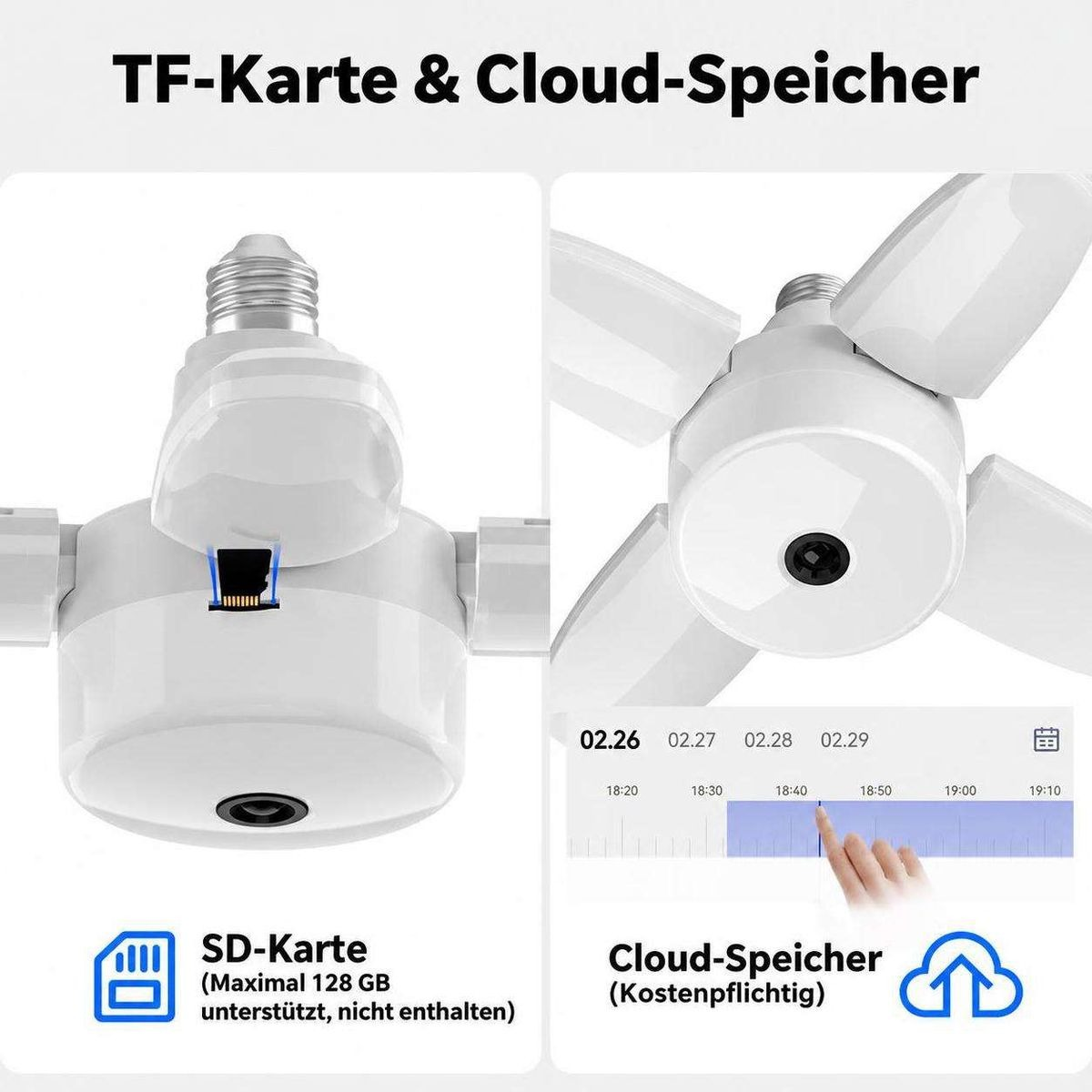 Eine Glühbirnenkamera zeigt einen SD-Kartensteckplatz und eine Cloud-Speicher-Benutzeroberfläche.