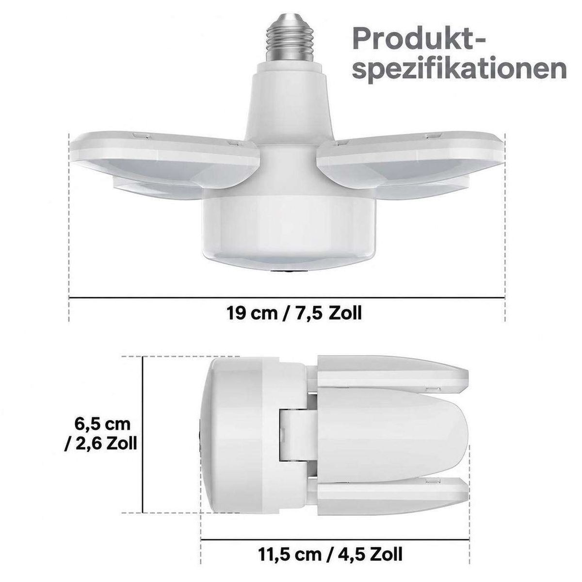 Technische Zeichnung einer LED-Lampe mit Größenangaben in Zentimetern und Zoll.