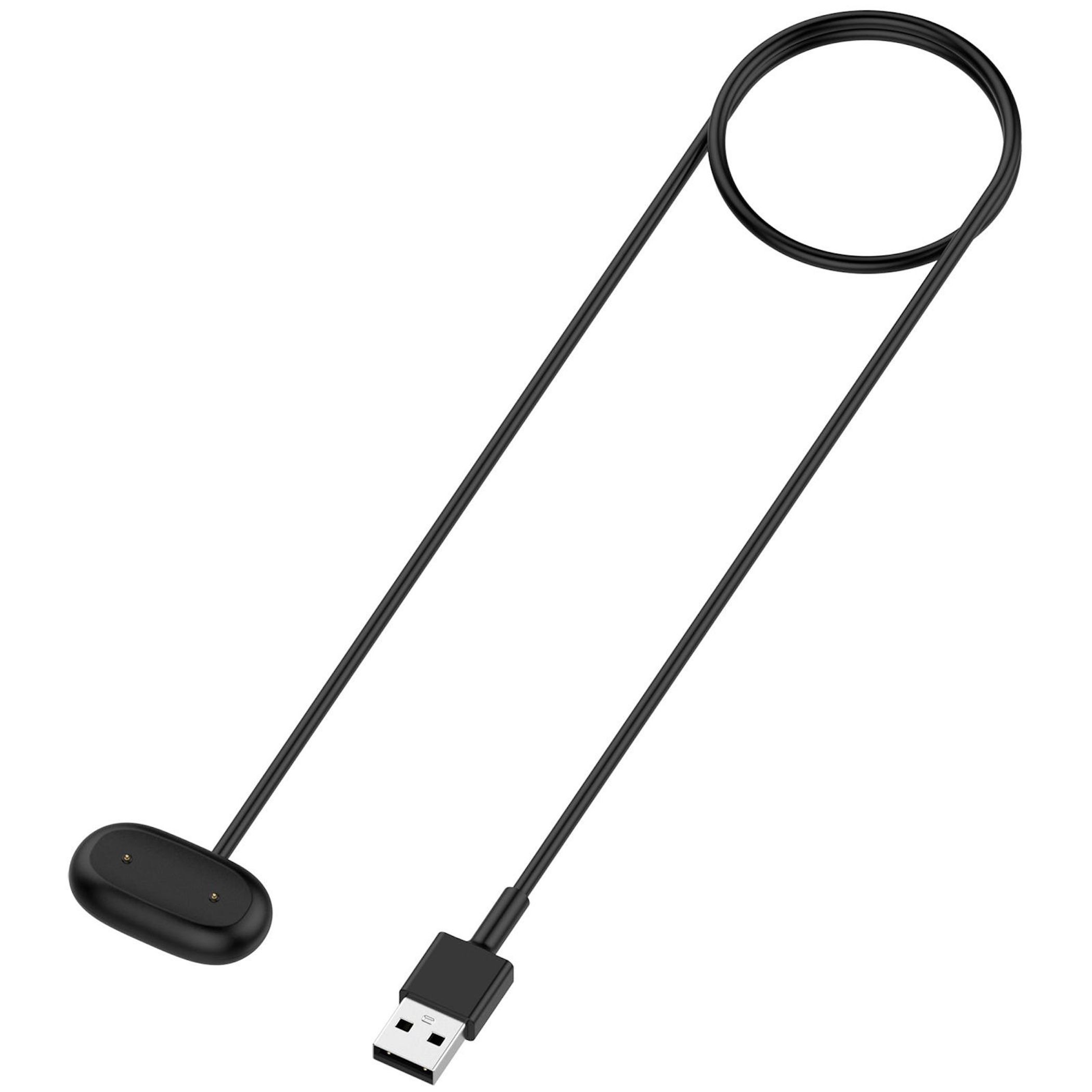 Ein langes schwarzes Ladekabel mit einem USB-Anschluss und einer runden magnetischen Ladeeinheit.