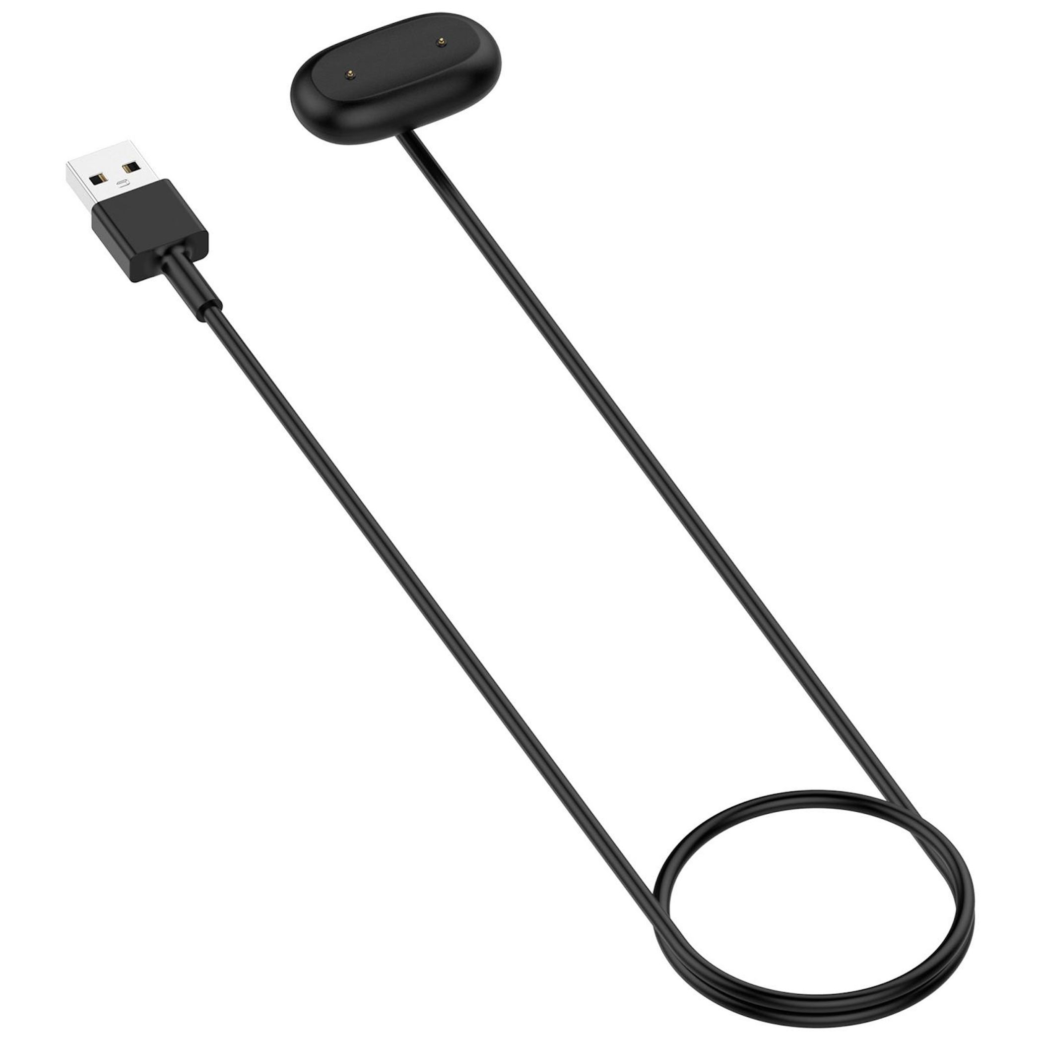 Ein schwarzes Ladekabel mit USB-Anschluss und einer magnetischen Ladeplatte auf weißem Hintergrund.