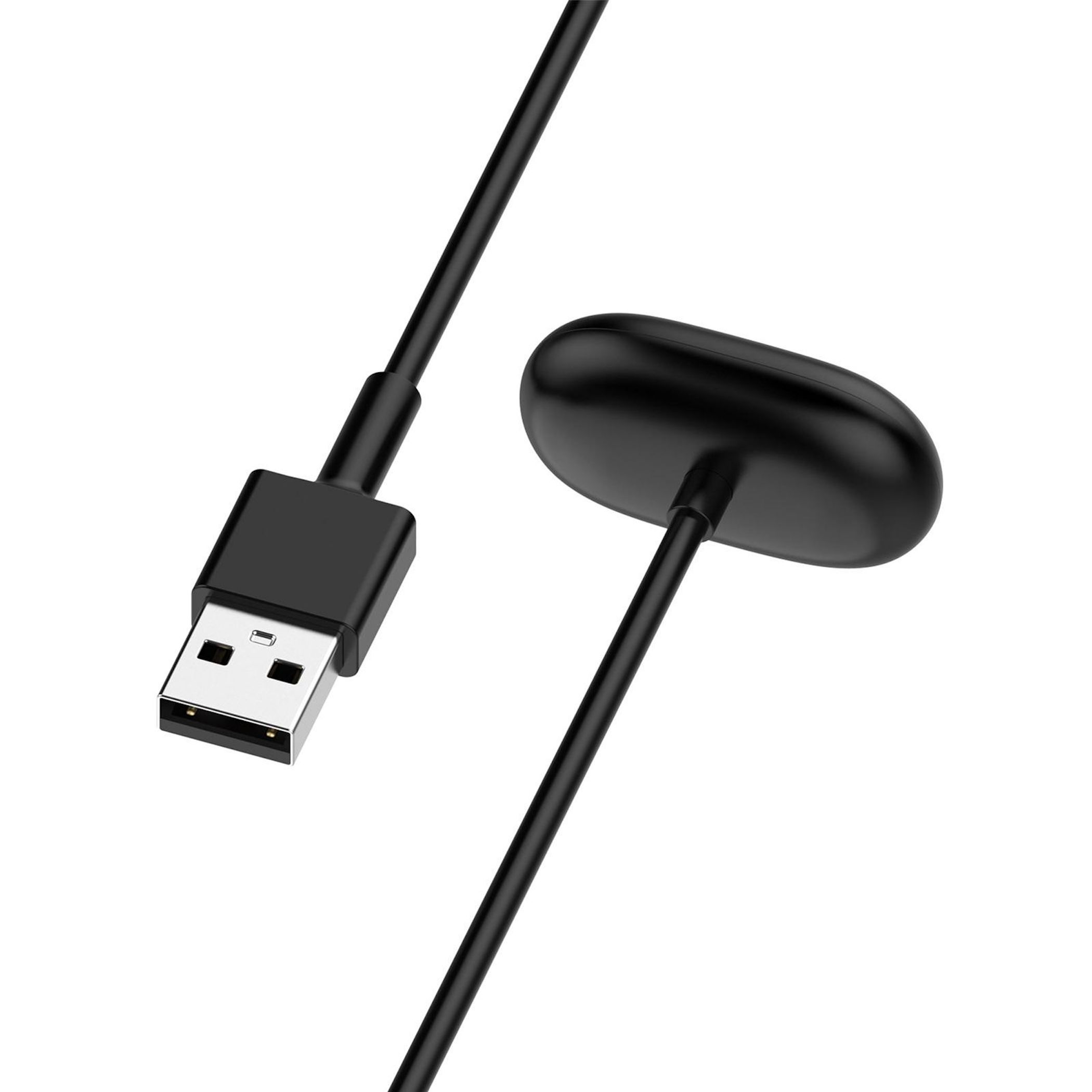 Ein schwarzes USB-Ladekabel mit einem Standard-USB-A-Stecker an einem Ende und einem magnetischen Lade-Pad am anderen.