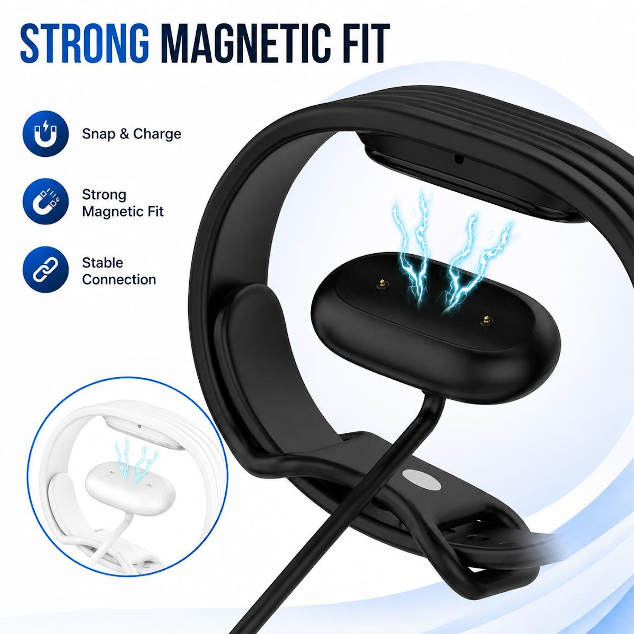 Ein schwarzer Fitnesstracker lädt mit einem Magnetkabel; links sind Verbindungssymbole zu sehen.