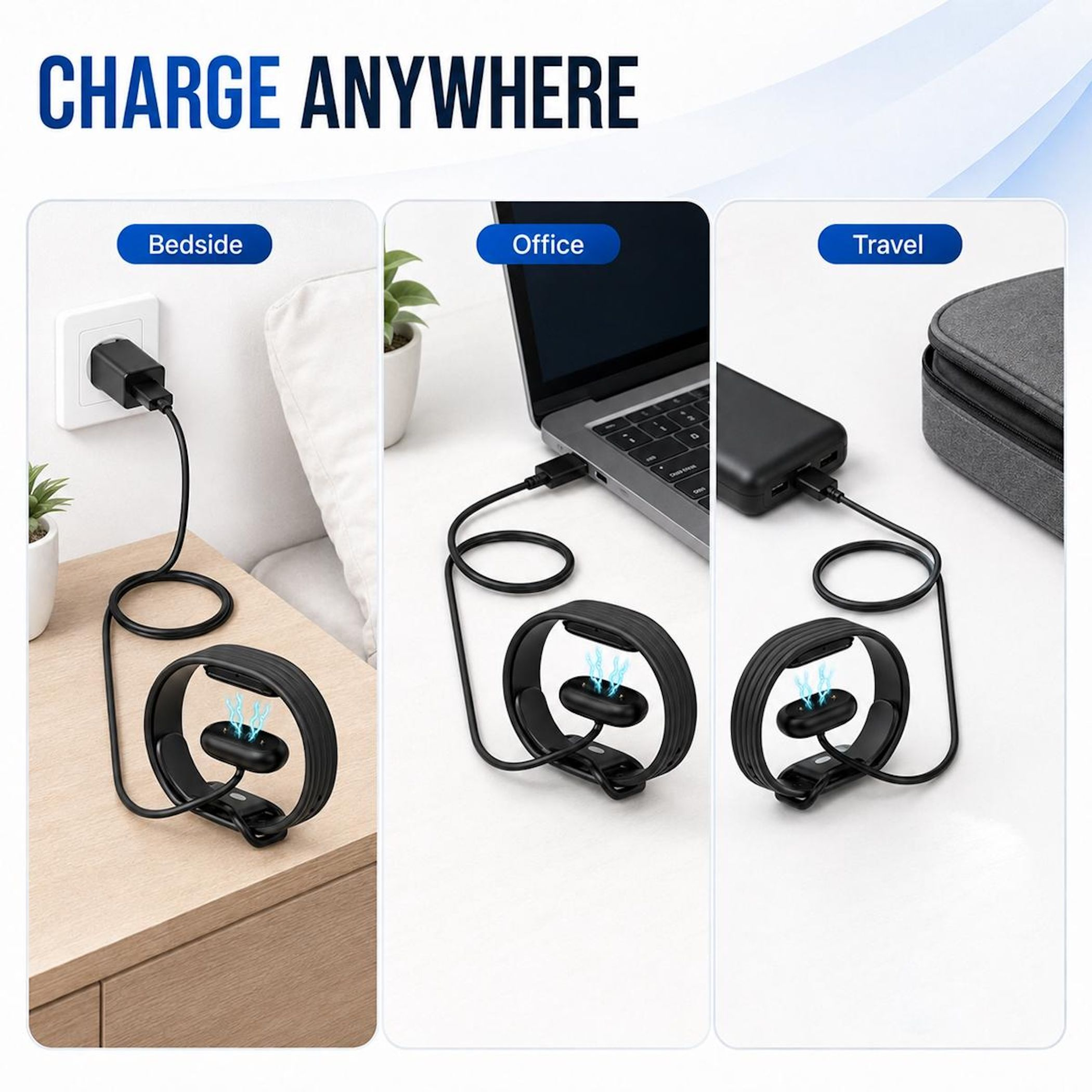 Drei Bilder zeigen das Aufladen eines Fitnesstrackers am Bett, im Büro und auf Reisen mit schwarzem Kabel.