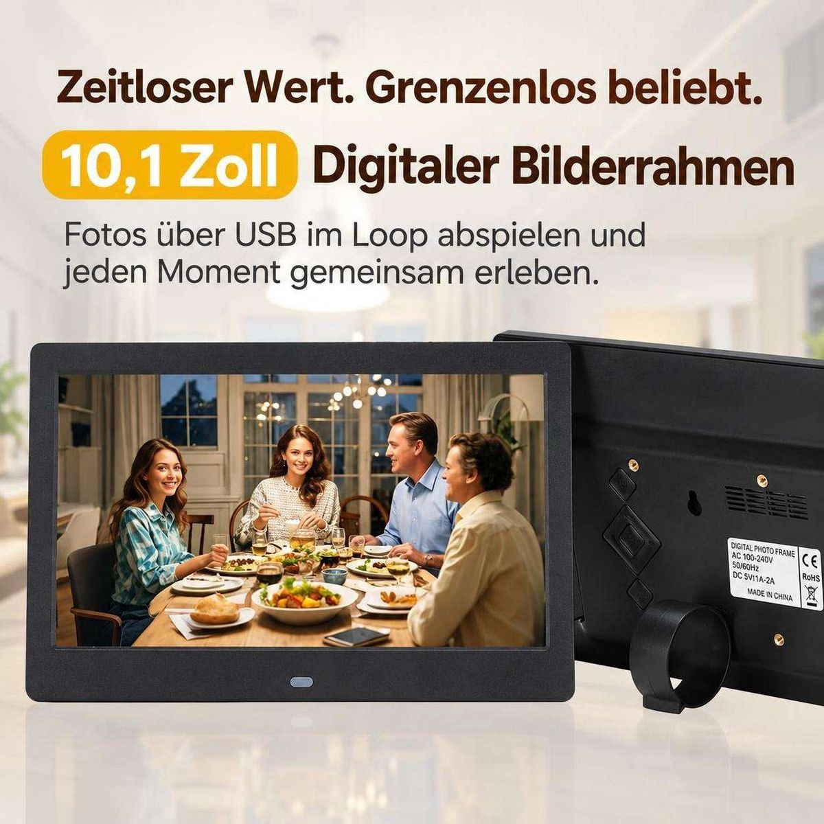Ein 10,1-Zoll-Digitaler-Bilderrahmen zeigt ein Familiendenken, mit deutschem Text oben.