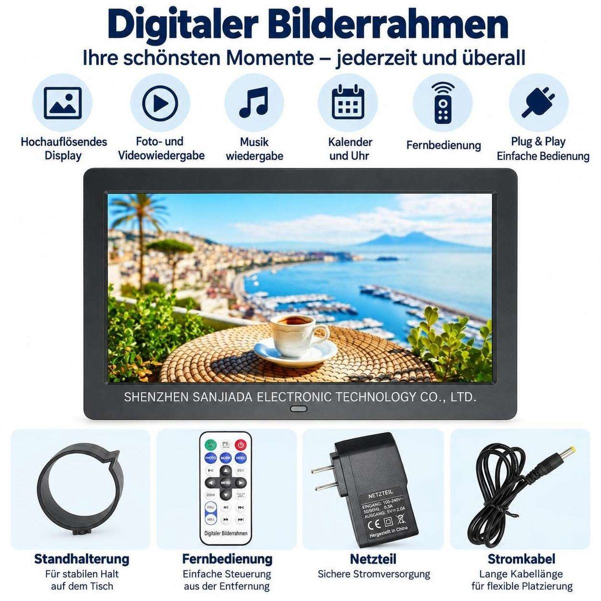 Digitaler Bilderrahmen mit hochauflösendem Display, Video, Musik, Kalender, Fernbedienung, Ständer und Netzteil.