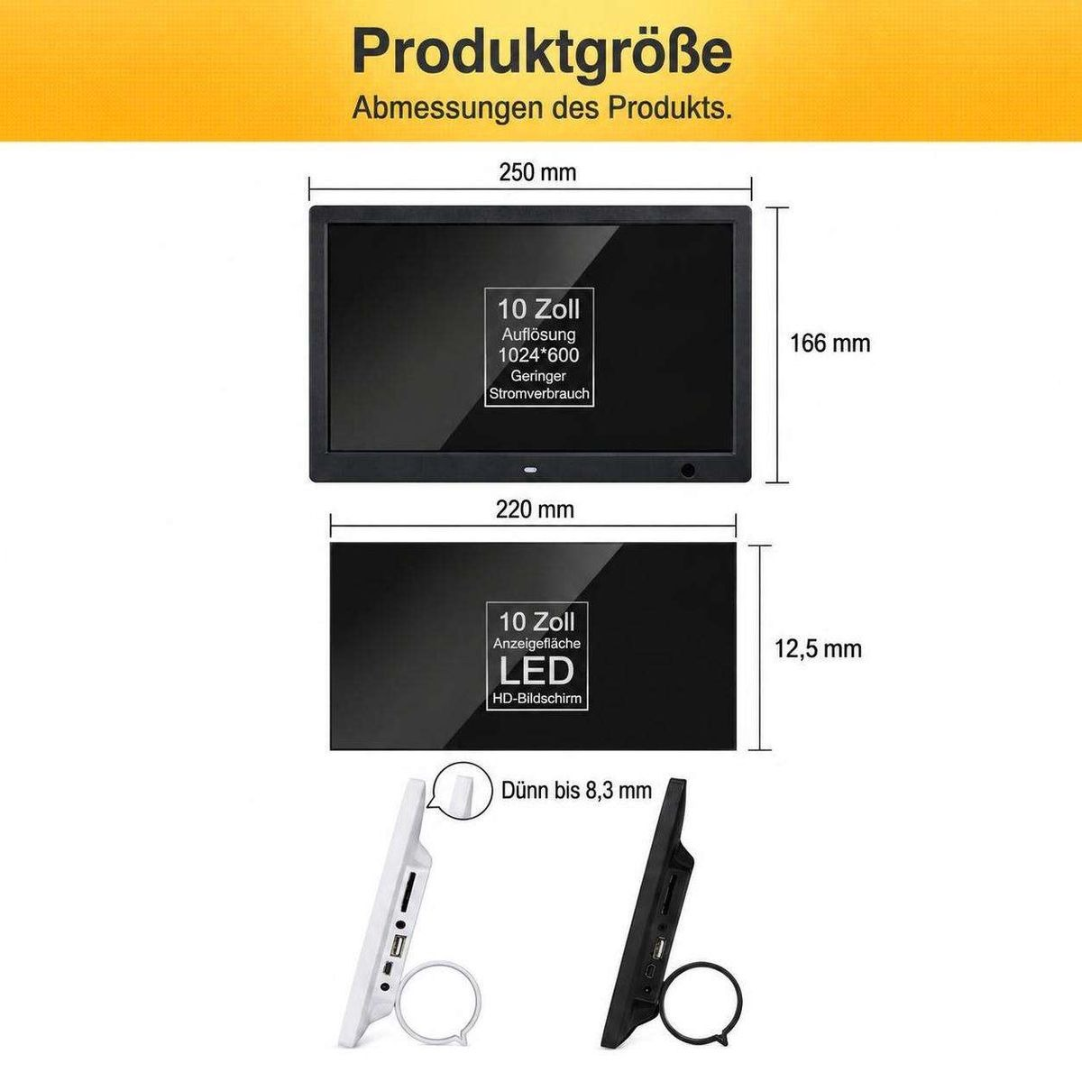 Technische Zeichnung mit Maßangaben für einen 10-Zoll-Monitor.