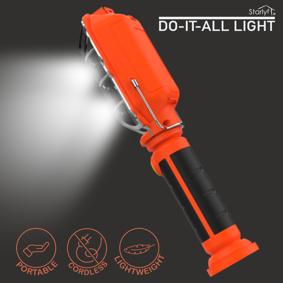 Una luce da lavoro portatile arancione e nera con un fascio bianco brillante e icone.
