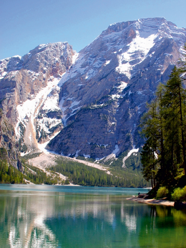 Ein klarer Bergsee spiegelt riesige, schneebedeckte Gipfel und einen grünen Wald am Ufer wider.
