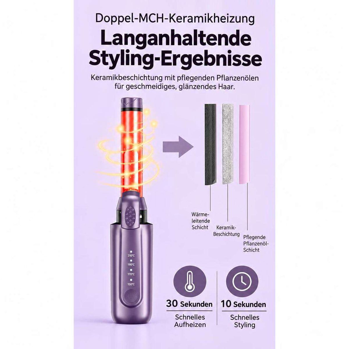 Lila Haarstyler mit Keramikheizung, 30 Sek. Aufheizen, 10 Sek. Styling und Infografik.