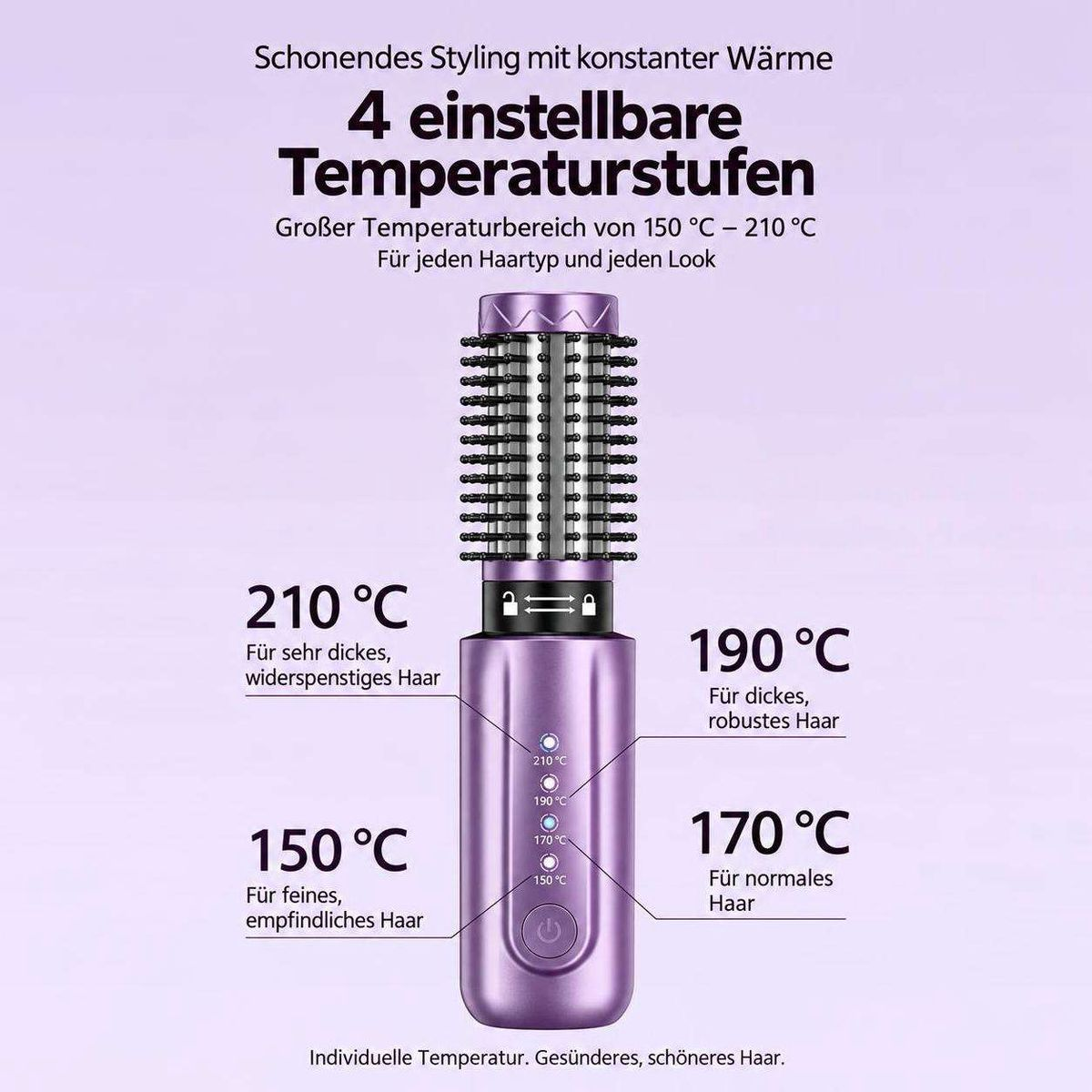 Lila Haarbürste mit vier Temperaturstufen von 150 bis 210 Grad.