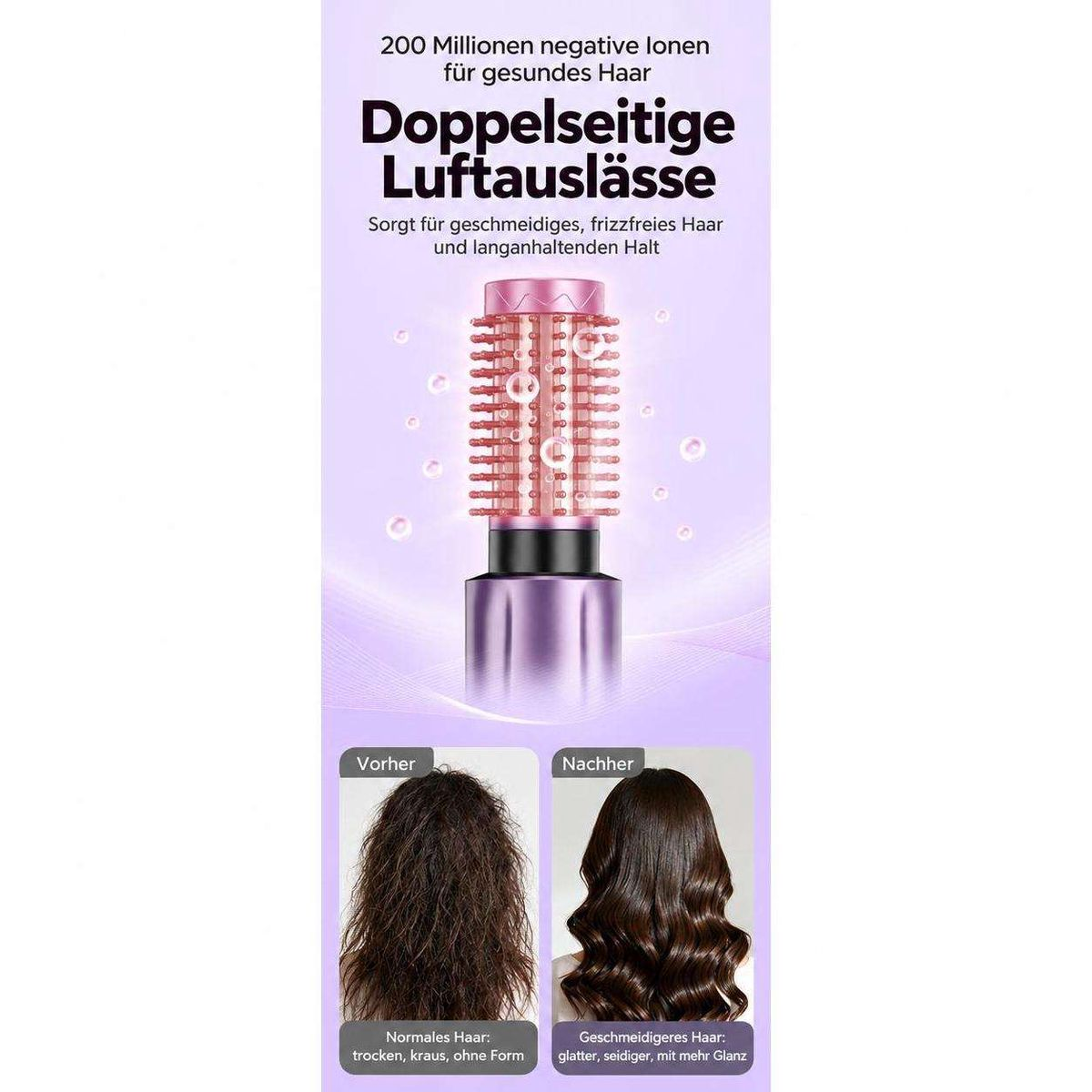 Werbebild für Haarstyler mit Ionen-Technologie, Vorher-Nachher-Vergleich zeigt glattes Haar.