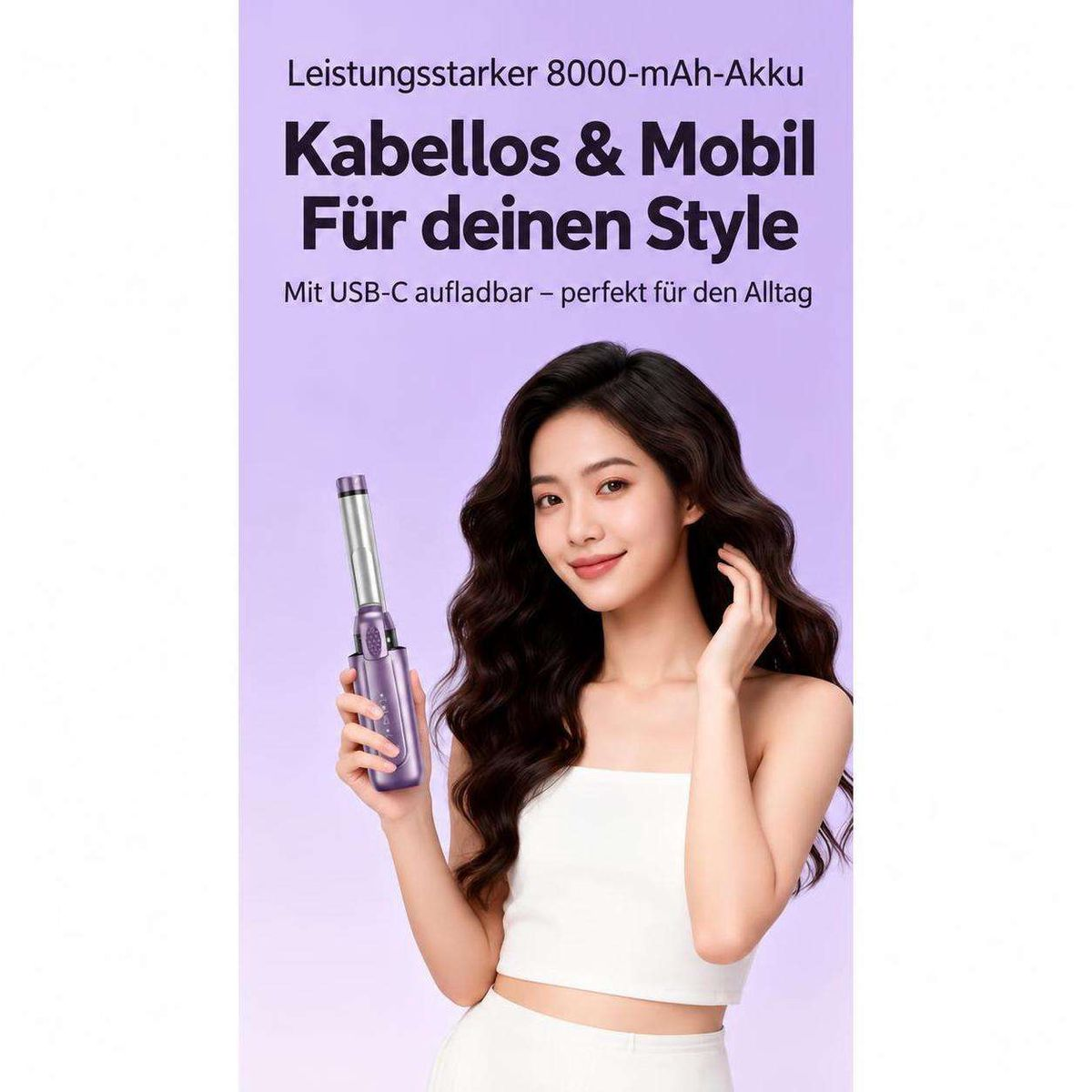 Eine Frau hält einen lila kabellosen Lockenstab vor lila Hintergrund mit deutschem Werbetext.