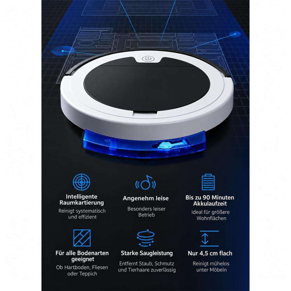 Weißer Mähroboter mit blauen Details und Produktmerkmalen auf dunklem Hintergrund.