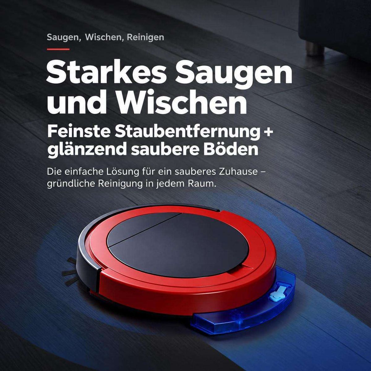 Ein roter und schwarzer Roboterstaubsauger auf einem Holzboden mit deutschem Werbetext.