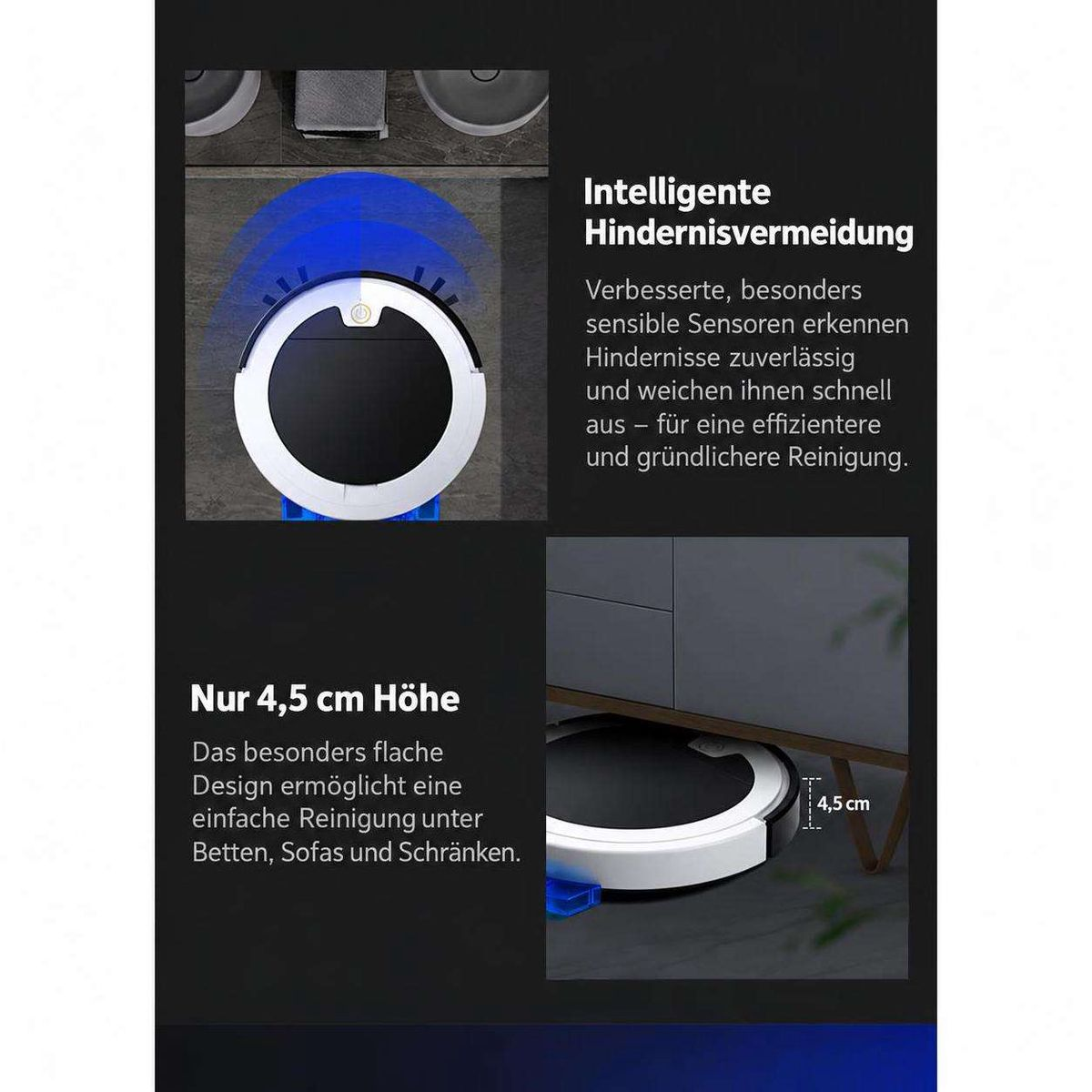 Ein Bild mit Text und Grafiken zu den Funktionen eines flachen Saugroboters mit Hinderniserkennung.