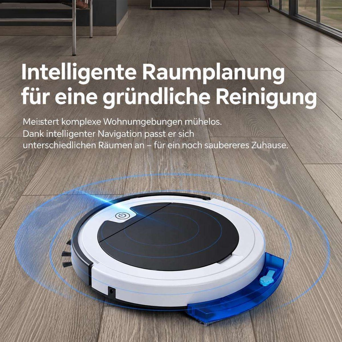 Ein weißer Roboterstaubsauger mit blauen Sensoren auf einem Holzboden und deutscher Text.