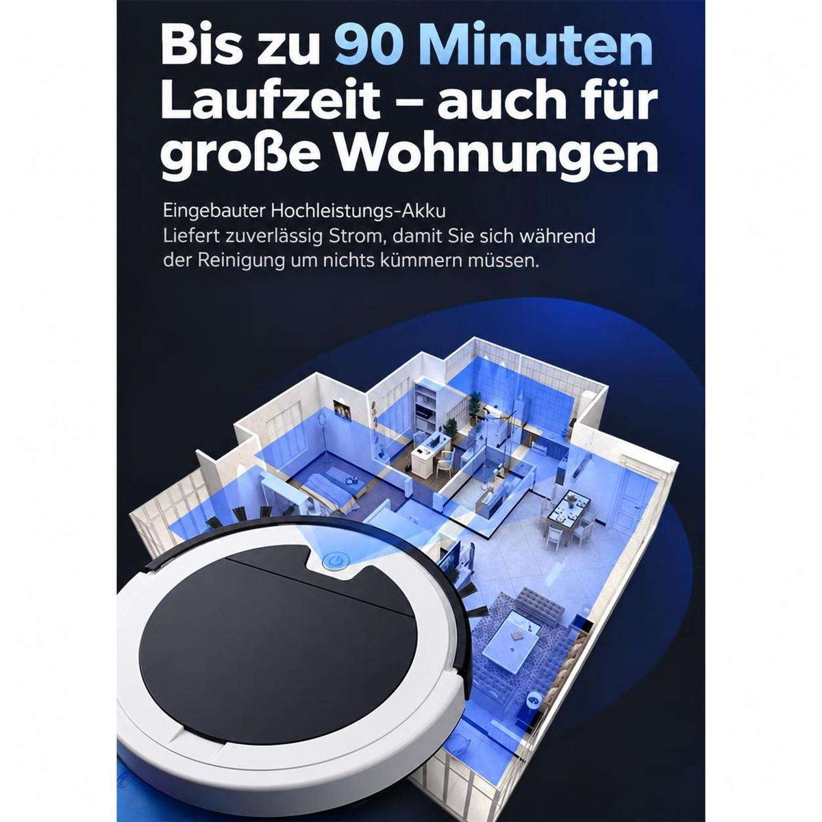 Ein weißer Roboterstaubsauger vor einer blauen Apartment-Grundrissgrafik mit deutschem Werbetext.
