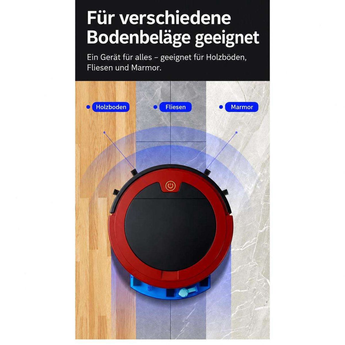 Ein roter Saugroboter auf verschiedenen Bodenbelägen wie Holz, Fliesen und Marmor.